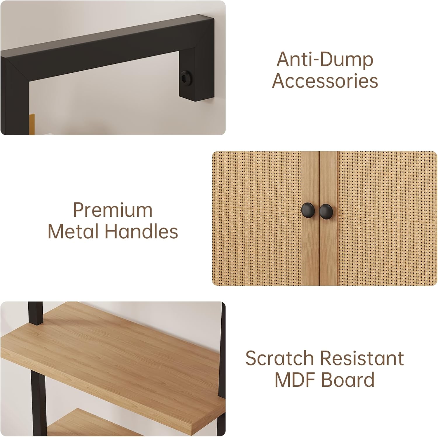 Ladder Bookshelf, 4 Tier Book Shelf with Rattan Cabinet, Wall Mount Bookshelves and Bookcases with Metal Frame, Anti Dump, Tall Bookcase for Living Room, Home Office, Bedroom Oak