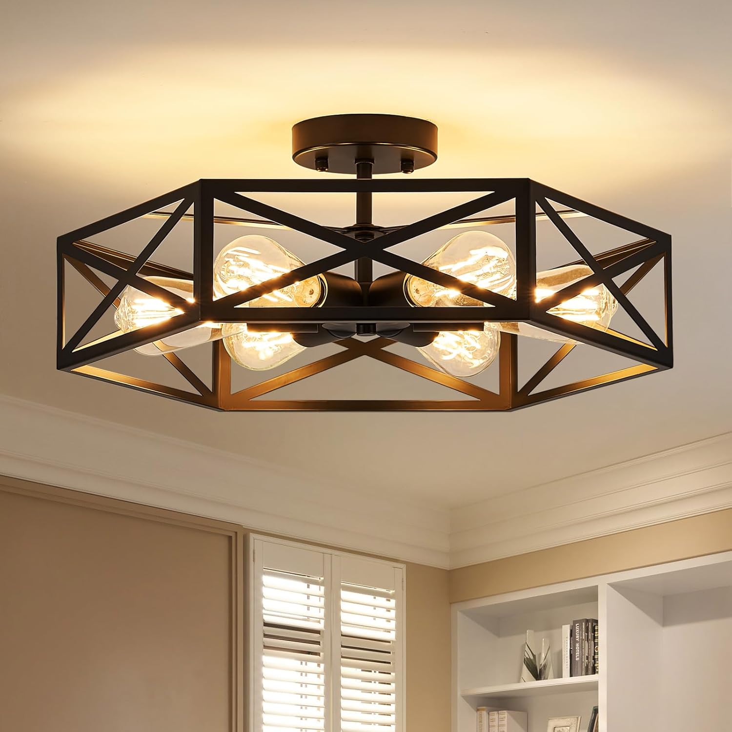 Modern Farmhouse Black Ceiling Light,Industrial Semi Flush Mount Ceiling Lighting Fixture,hexagonal Lighting Fixtures for Kitchen,Bedroom,Foyer,Living,Dining Room,Laundry Room,6-Light,19.7 Inch