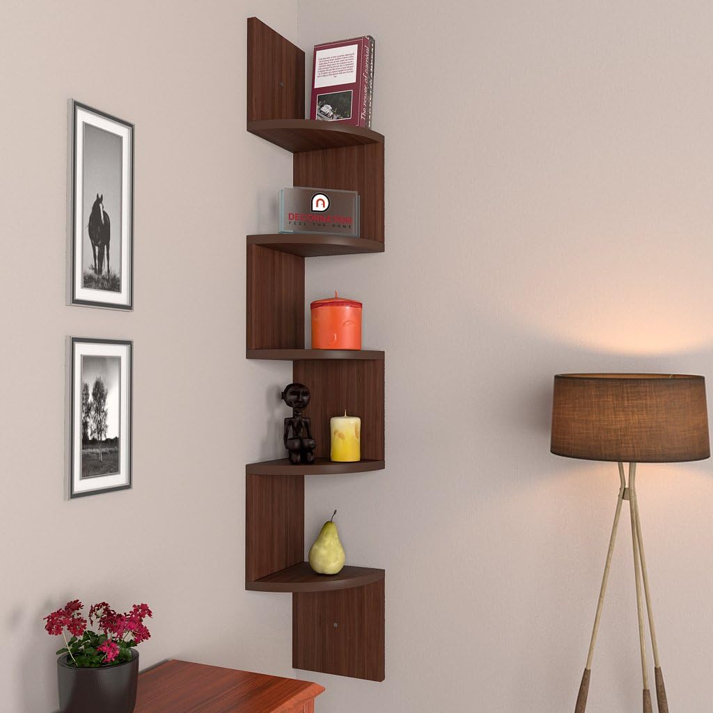 Royal Handicrafts DecorNation Zigzag Corner Wall Mount Shelf Unit (Walnut Finish, Brown)