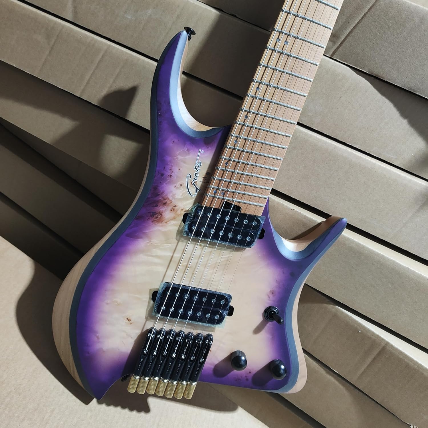 7-String Headless Electric Guitar, Purple and White Burst Finish, HH Pickups