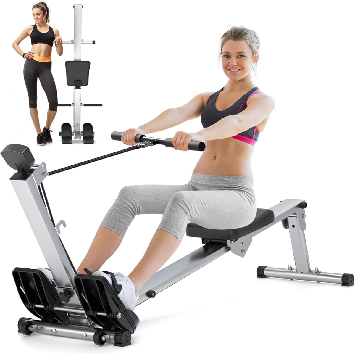 Compact Rowing Machine for Home Use, Magnetic Resistance Foldable Rower for Full Body Workout, Space Saving Design with LCD Display