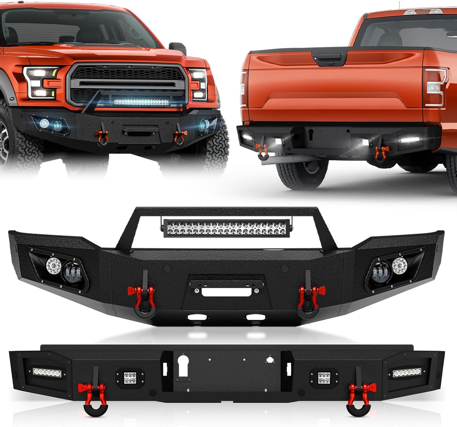 SUORTO Pickup Truck Front & Rear Bumpers Compatible with 2018 2019 2020 Ford F150 (Excluding Raptor & Ecoboost) with Winch Plate, Sensor Holes, Paintable Armor, License Plate Bracket & D-rings, Black