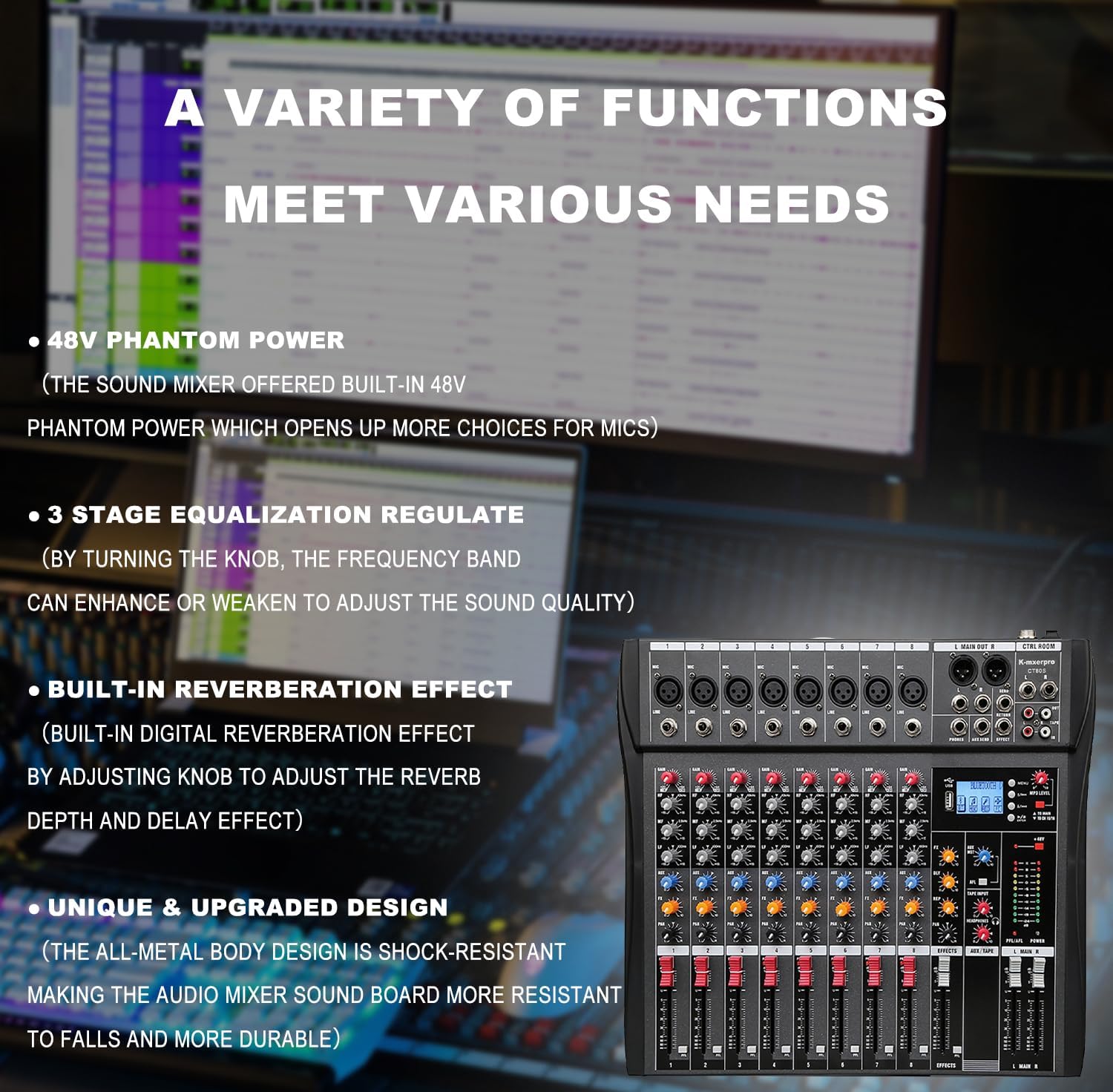 8 Channel Professional Audio Mixer Console Sound Board with 48V Phantom Power,USB Audio Interface for Live Show,Streaming Recording Music Stage Karaoke