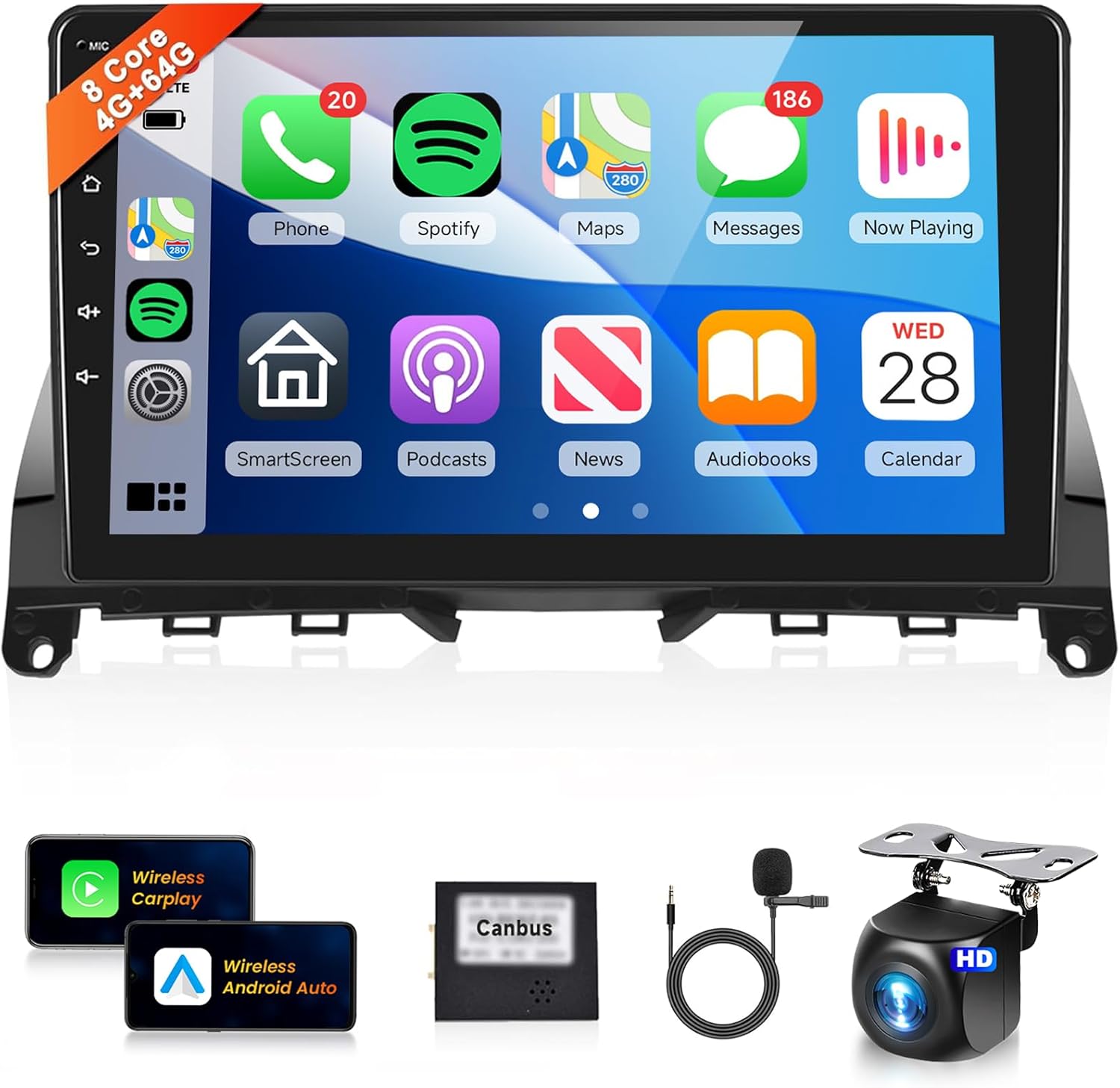 8 Core 4G+64G Car Stereo Radio for Mercedes Benz C-Class C180 C200 C230 C250 C300 C350 W204 S204 2006-2011 with 1280x720P IPS Touch Screen Carplay Android Auto WiFi DSP 36EQ FM/RDS GPS Backup Camera