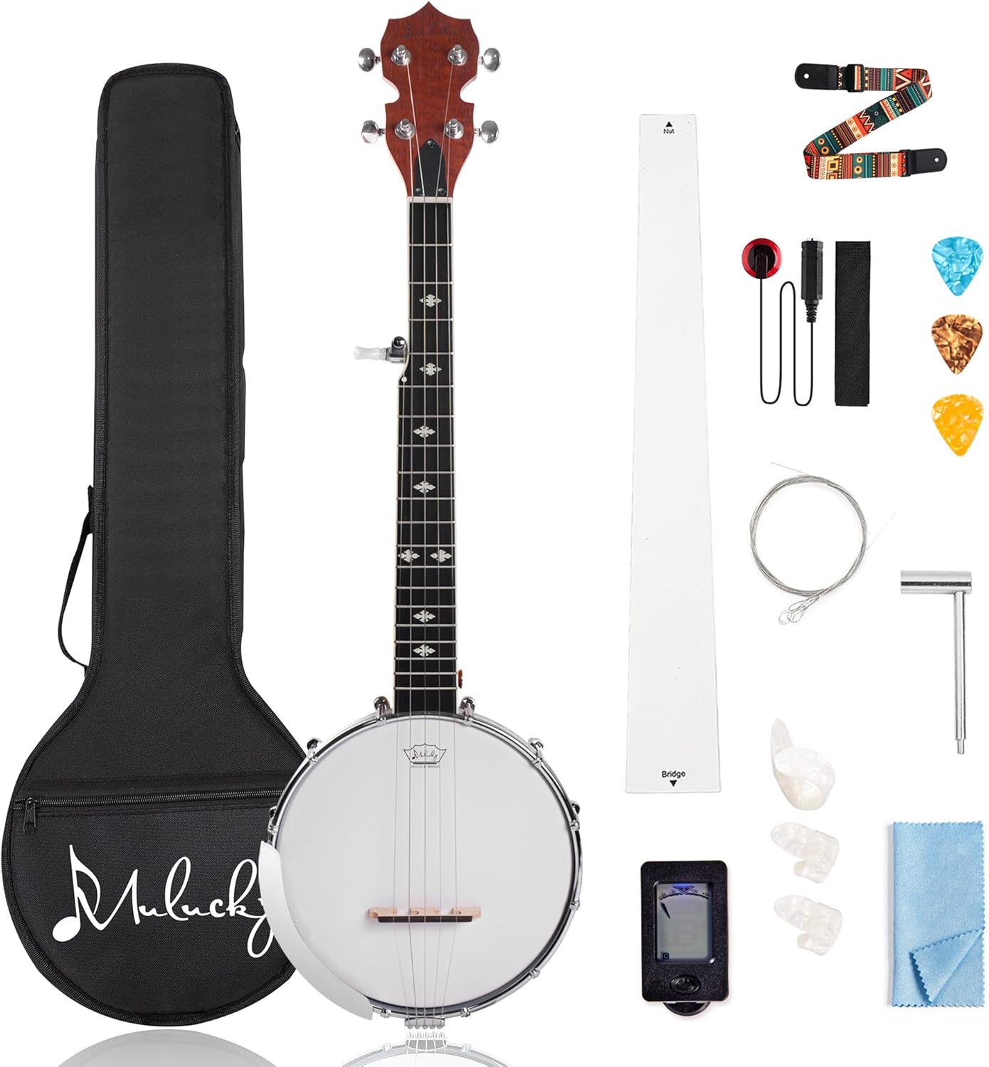 Mulucky 5 String Banjo Mini - 26 Inch Travel Banjo Sapele Body Closed Solid Back Beginner Kit With Gig Bag Picks Strings Strap - B807