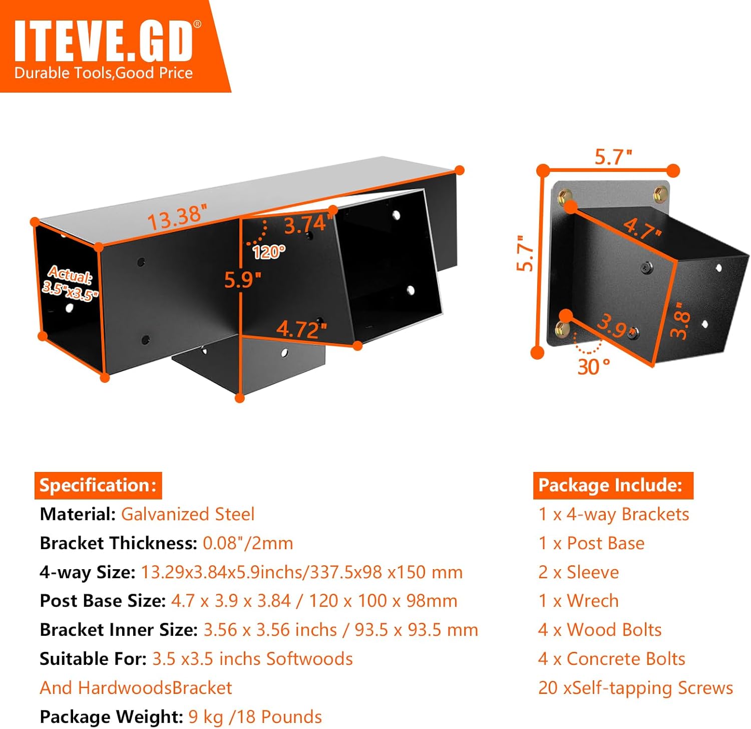 30° Slanted Roof Pergola Brackets Kit,4-Way Right Angled Corner Bracket with Wall Mount Post Base for 4x4 (Actual:3.5