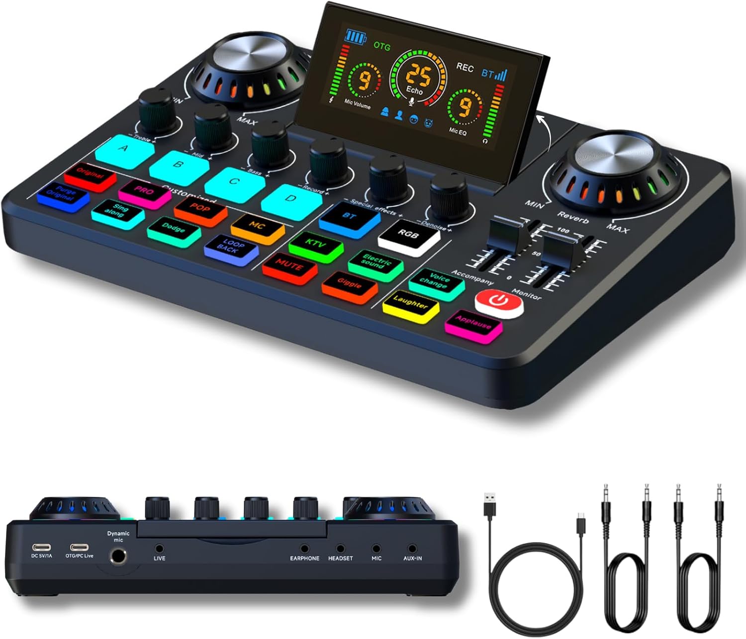 HOSONGIN Audio Mixer, Live Sound Card with DJ Mixer Effects & Voice Changer, Denoise, One Click Mute, Sound Board with RGB, Bluetooth, Music Recording Equipment, Ideal for Streaming/Podcasting/Gaming