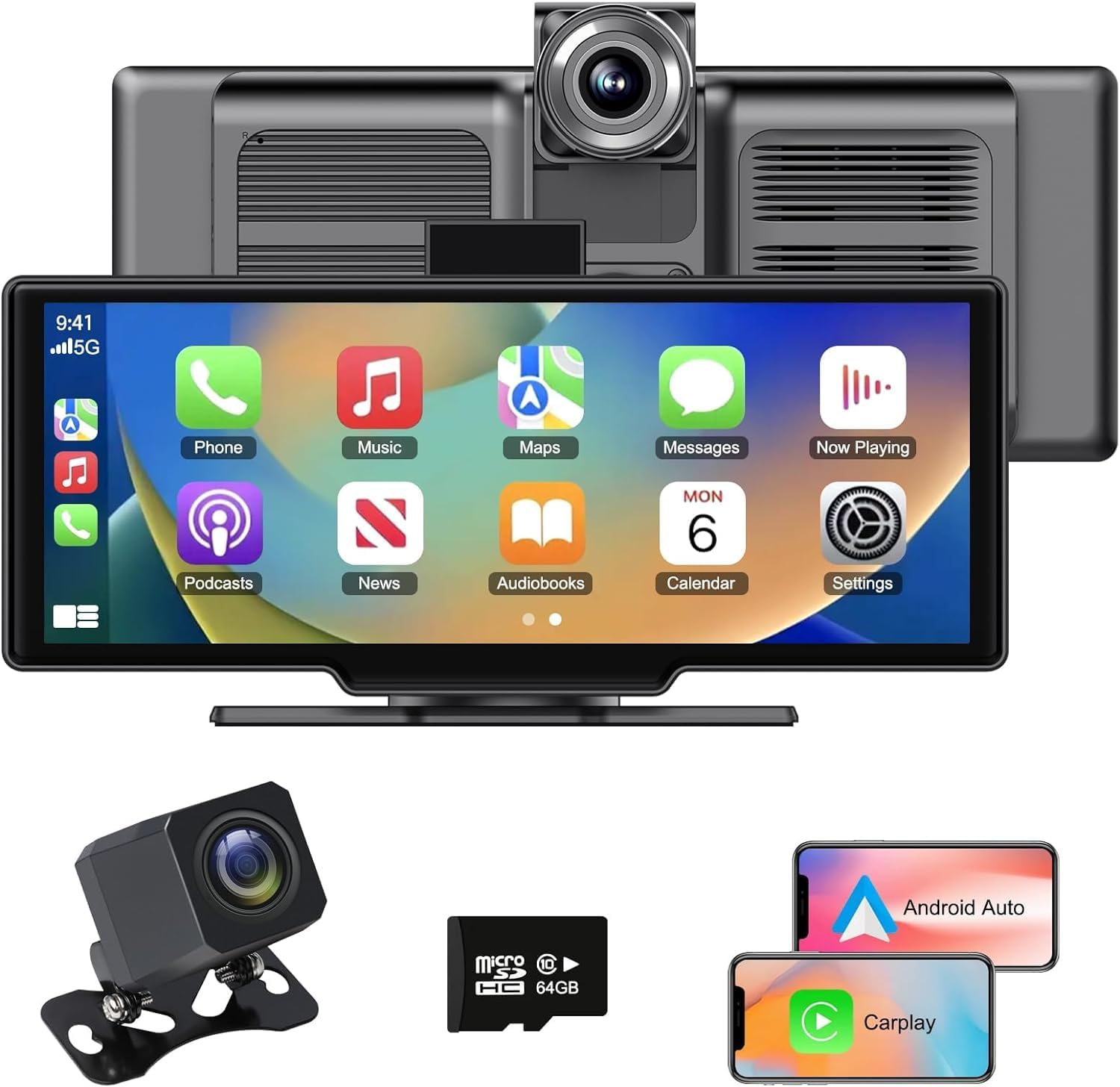 Wireless Apple Carplay Screen, 10.26inch Android Auto Screen Dash Cam Car Stereo, Apple CarPlay Screen with Backup Camera, Bluetooth GPS Navigator for Car and Touch Screen