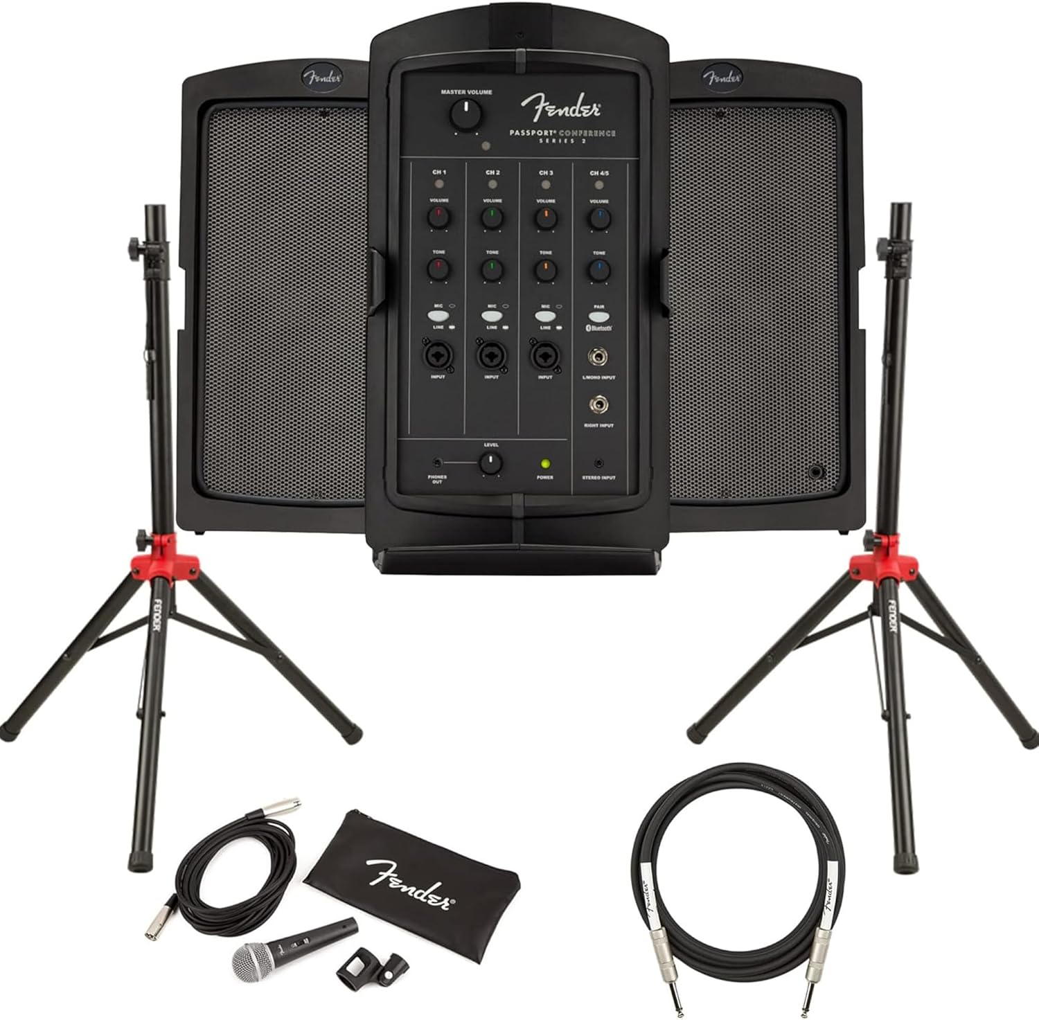 Fender Passport Conference S2 Portable PA System Bundle with Microphone Kit, Compact Speaker Stands, and Instrument Cable