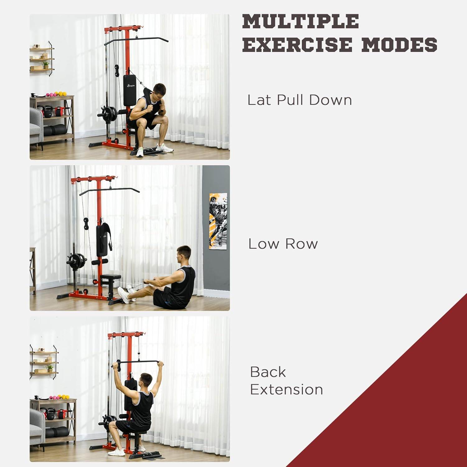 Soozier LAT Machine with High & Low Pulley Stations, Cable Row Machine with Adjustable Seat & Flip-Up Footplate, for Home Gym