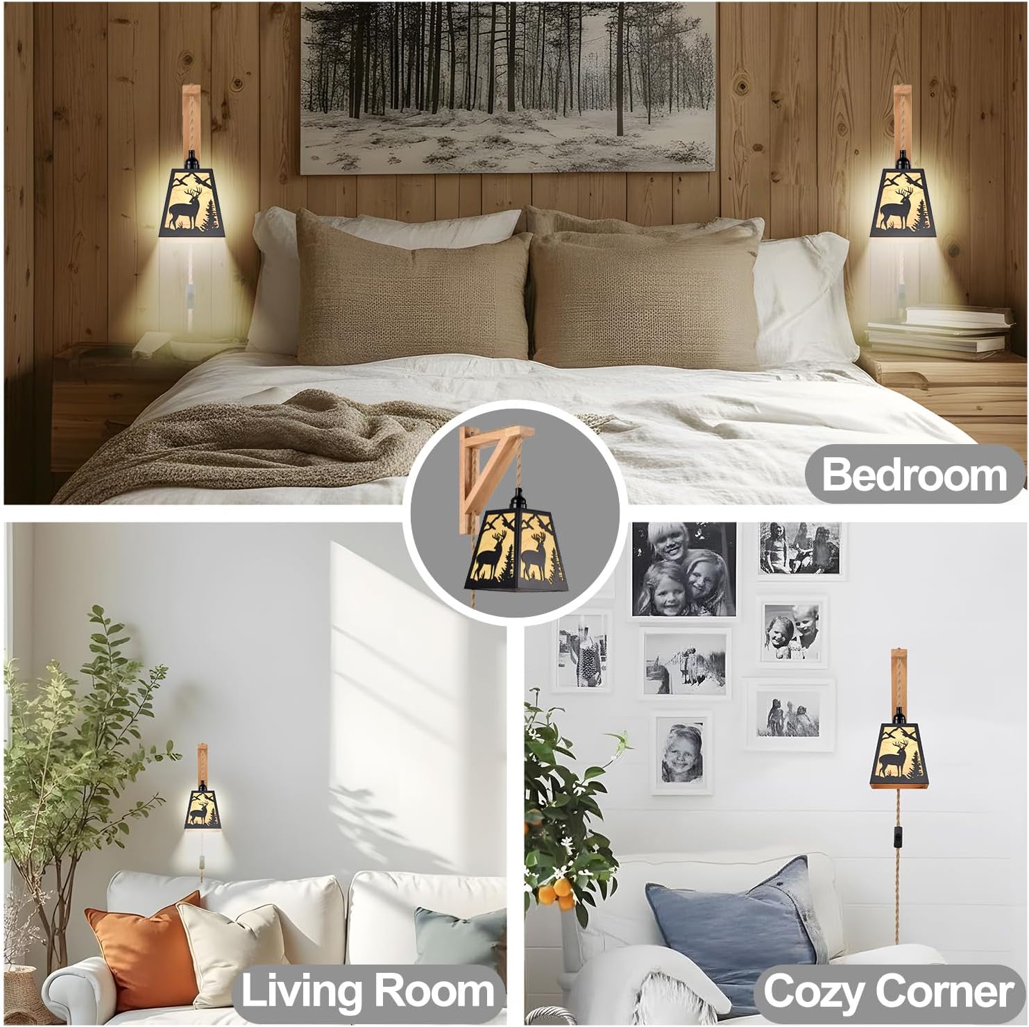 Wall Lamp Plug in,Deer Metal Wood Shelf Bracket Rustic Wall Sconces,Parchment Shade Farmhouse Wall Sconces Set of Two,Vintage Wall Mount Lights That Plug in,Wall Lamps for Living Room,Bedroom