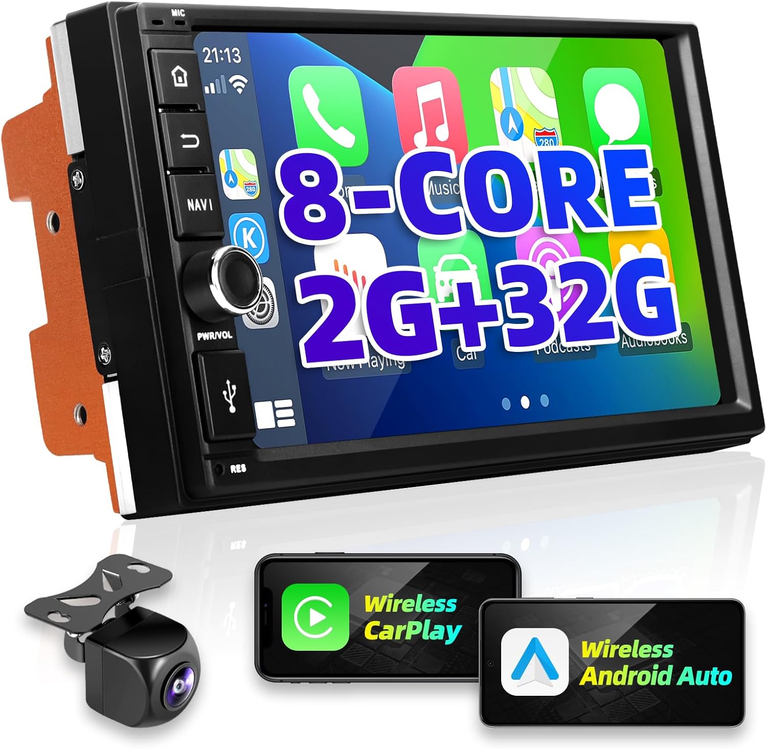 Upgrade Android Car Radio Stereo Compatible with Wireless Carplay Android Auto 7inch TouchScreen Bluetooth GPS Navigation WIFI FM/AM Backup Camera Multimedia Player 8 core Double Din Head Unit