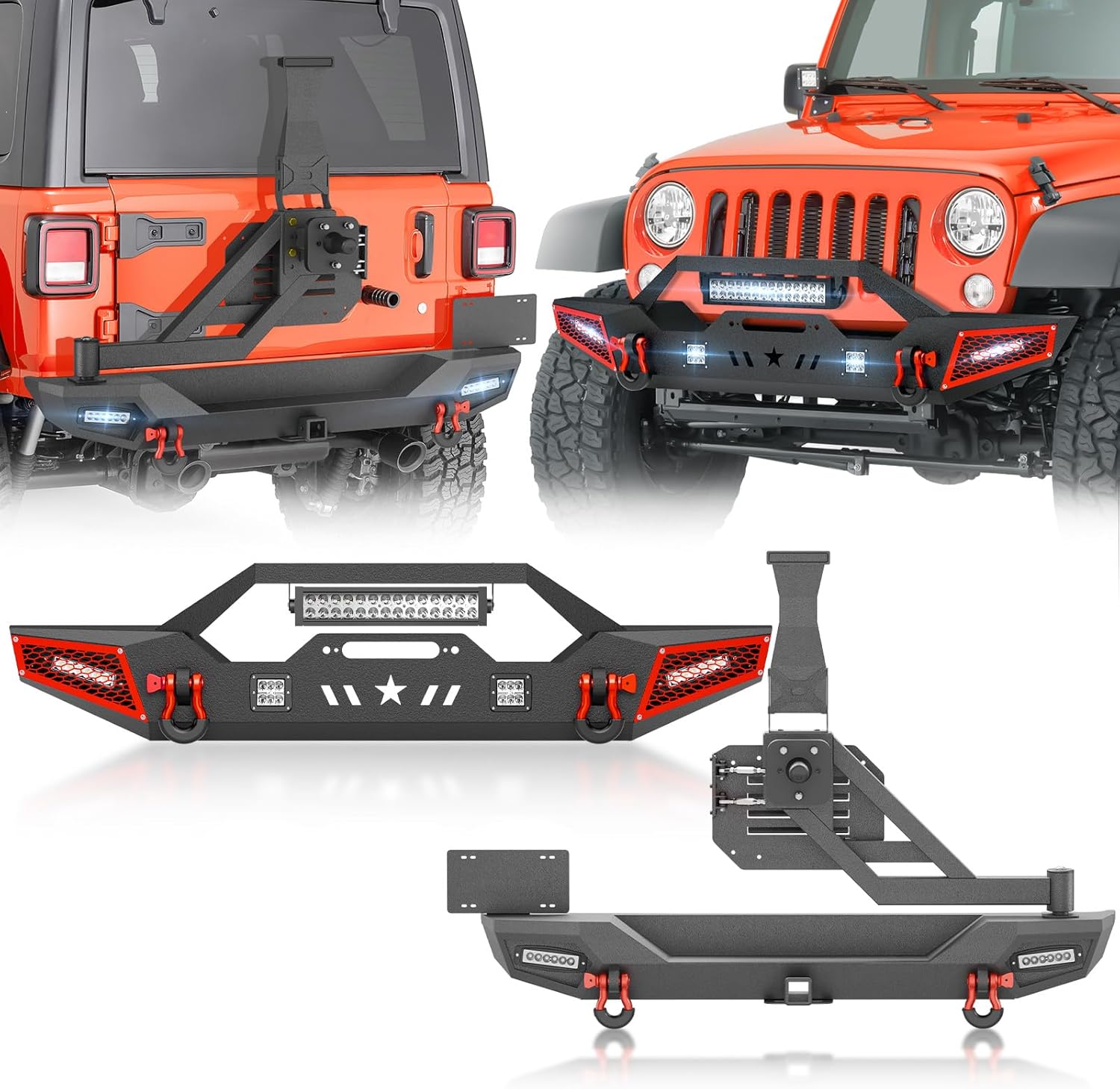 SUORTO Front & Rear Bumper with Spare Tire Carrier Compatible with 2018-2026 Jeep Wrangler JL JLU Unlimited w/Winch Plate, 2