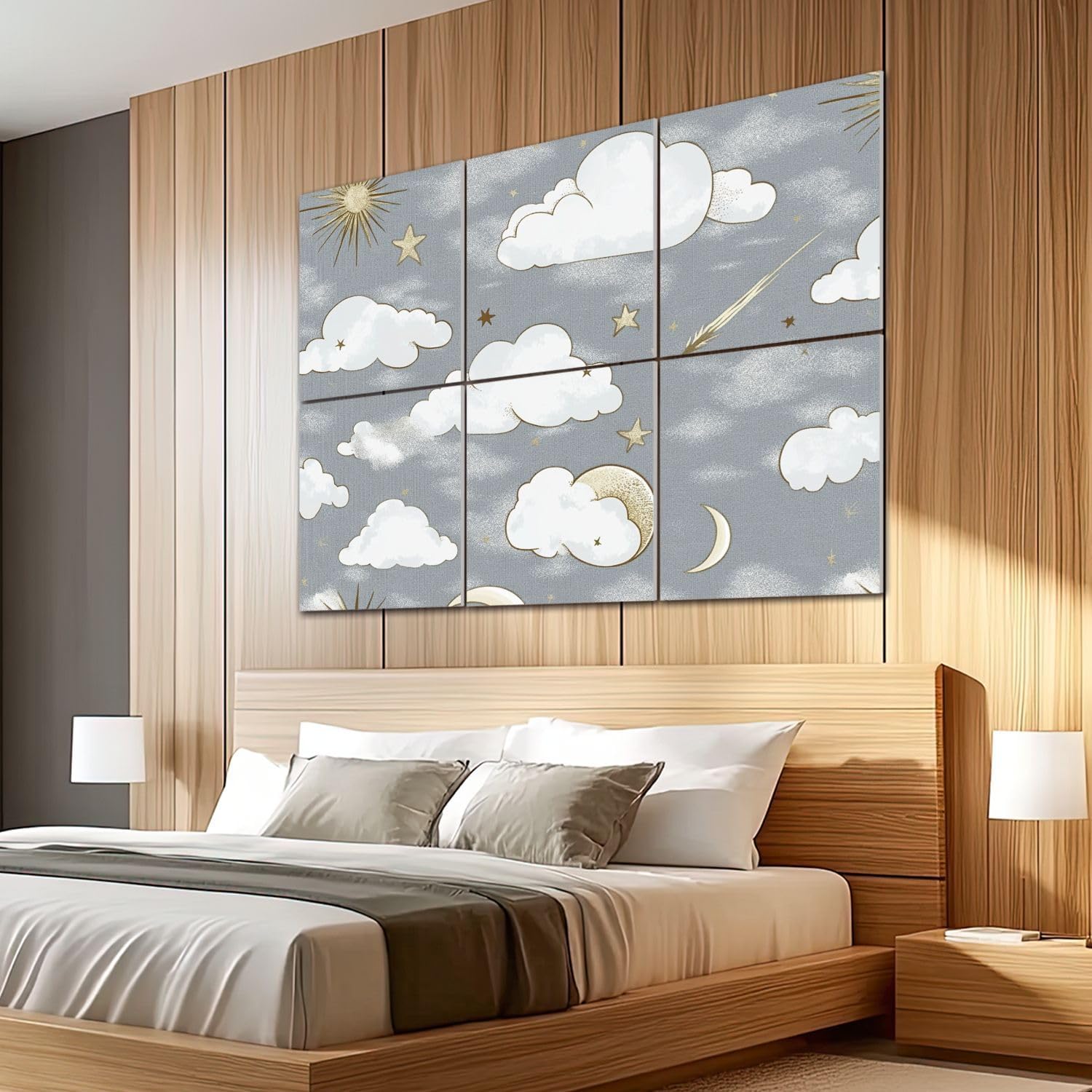 6 Pack Art Acoustic Panels Sound Absorbing Light Grey Clouds Stars Moon Sunburst Shooting Star Soft Colors Decorative Soundproof Wall Panels Self Adhesive for Recording Studios Office 72