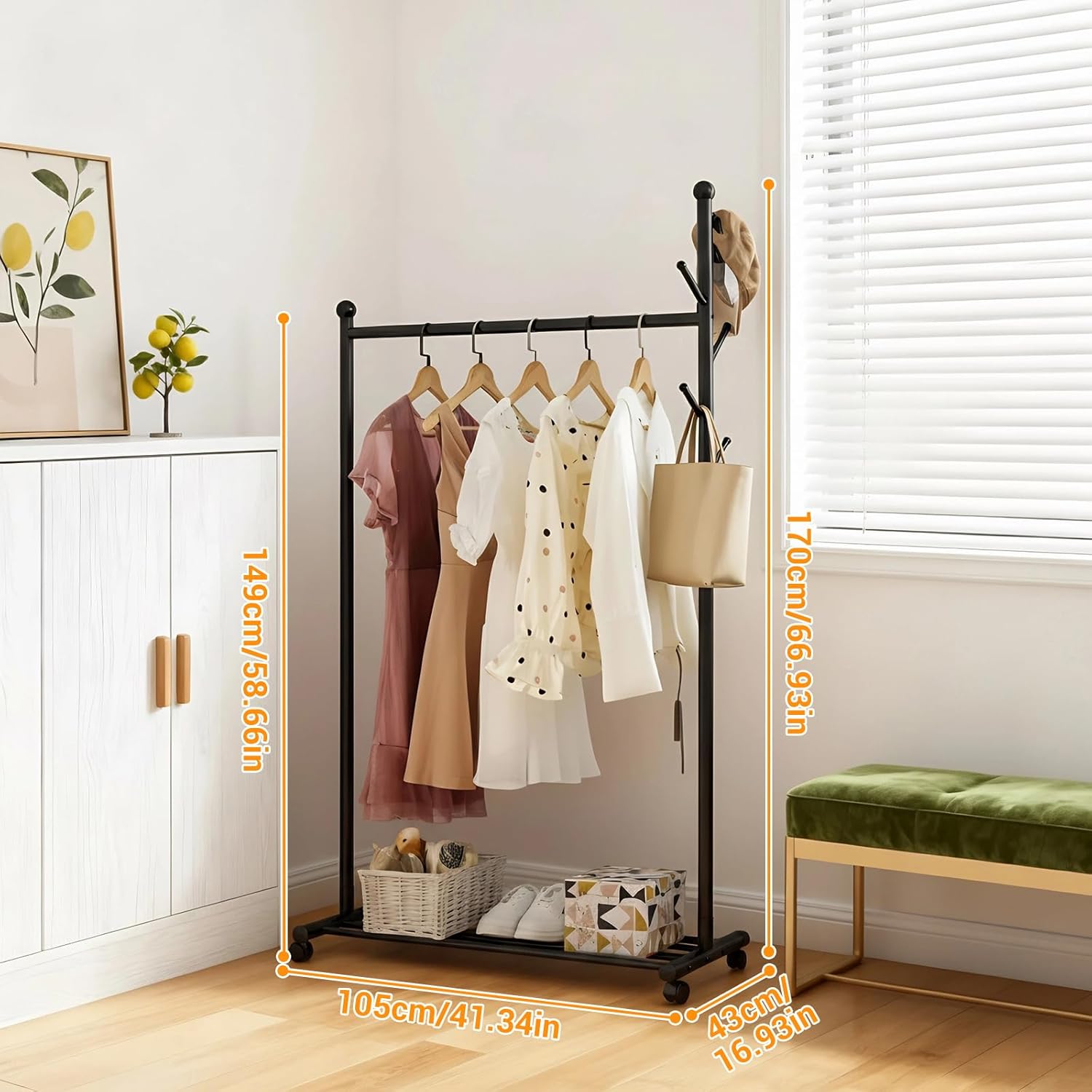 Small Clothes Racks for Hanging Clothes Clothing Rack with Wheels Metal Garment Rack with Shelves Portable Rolling Wardrobe Racks for Small Space Corner Bedroom Hallway Entryway Living Room Black