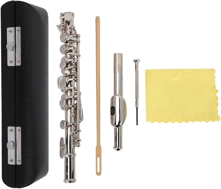 Key of C Flute Piccolo, Silver Plated Piccolo Instruments with Hard Protective Case Cleaning Rod Cloth Screwdriver for Beginners Students (Silver)