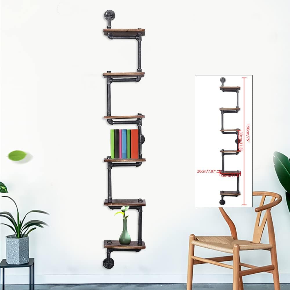 Wall Shelves Bookcase, Industrial Bookshelf 6-Tier Ladder Shelf, Vintage Metal Pipes and Wood Shelves, Rustic Display Bookshelf for Bedroom Laundry Room Bathroom Living Room Decor