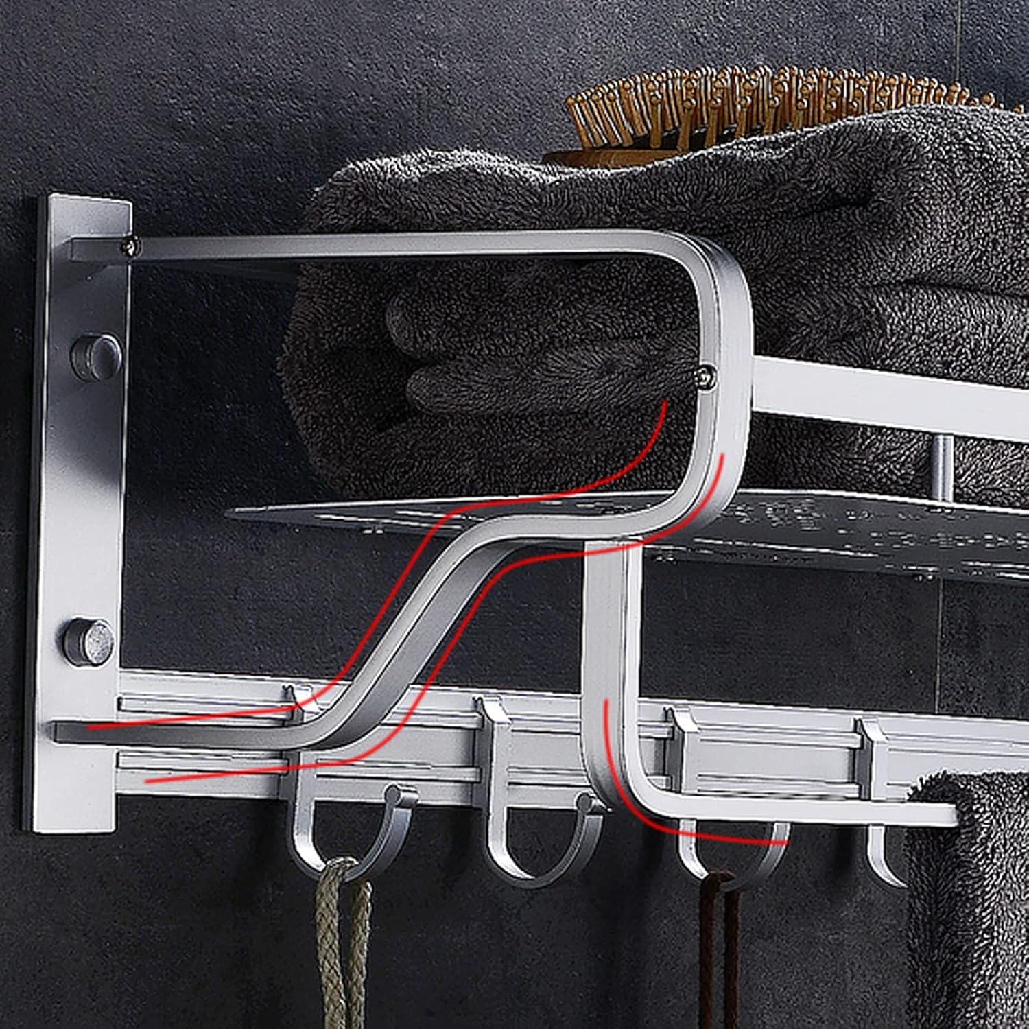 Bathroom Shelf Bathroom Lavatory Towel Rack Towel Shelf with Two Towel Bars Wall Mount Holder，Silver Bathroom Shelves Wall Mounted Floating Shelves/Shower Rack (Size : 57 cm Long)