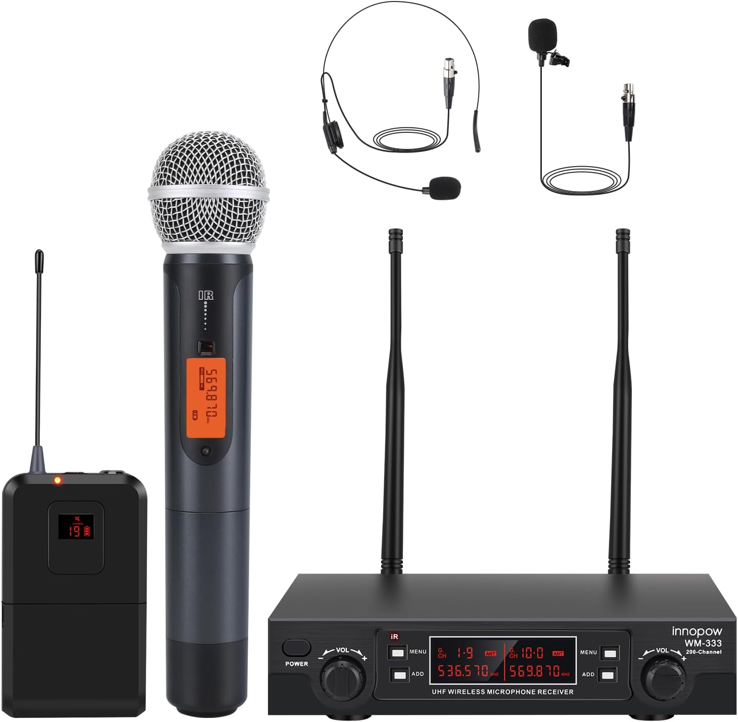 200-Channel Wireless Microphones System, Wireless Lavalier Microphone, Dual UHF Bodypack Cordless Lavalier Mic System Set, Auto Scan, Long Range 200-240Ft, 16 Hours Ideal for Church (Black)