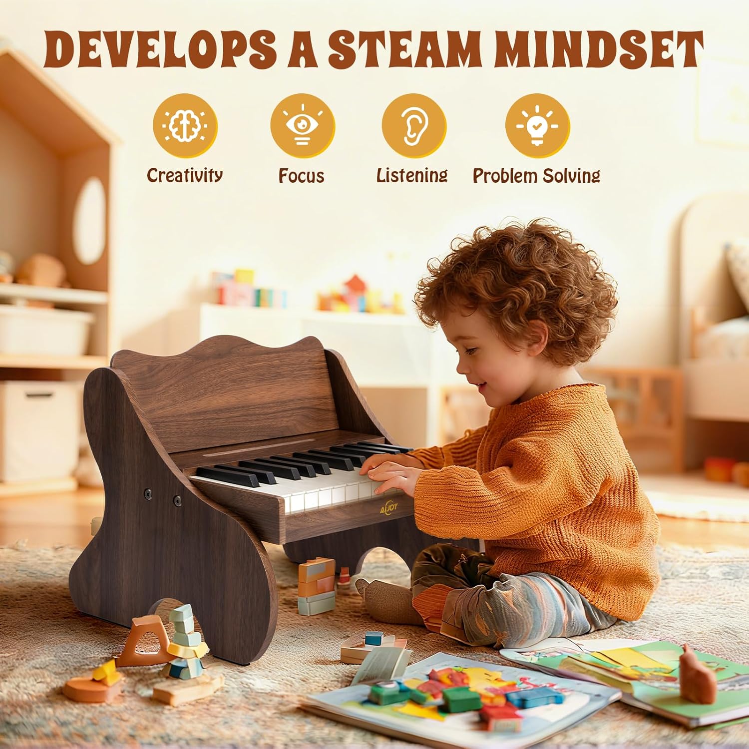 AiJoy Kids Piano Keyboard, 25 Keys Digital Piano for Toddler Kid, Mini Music Educational Instrument Toy, Wood Gift for Children Girls Boys, Volume Adjustable