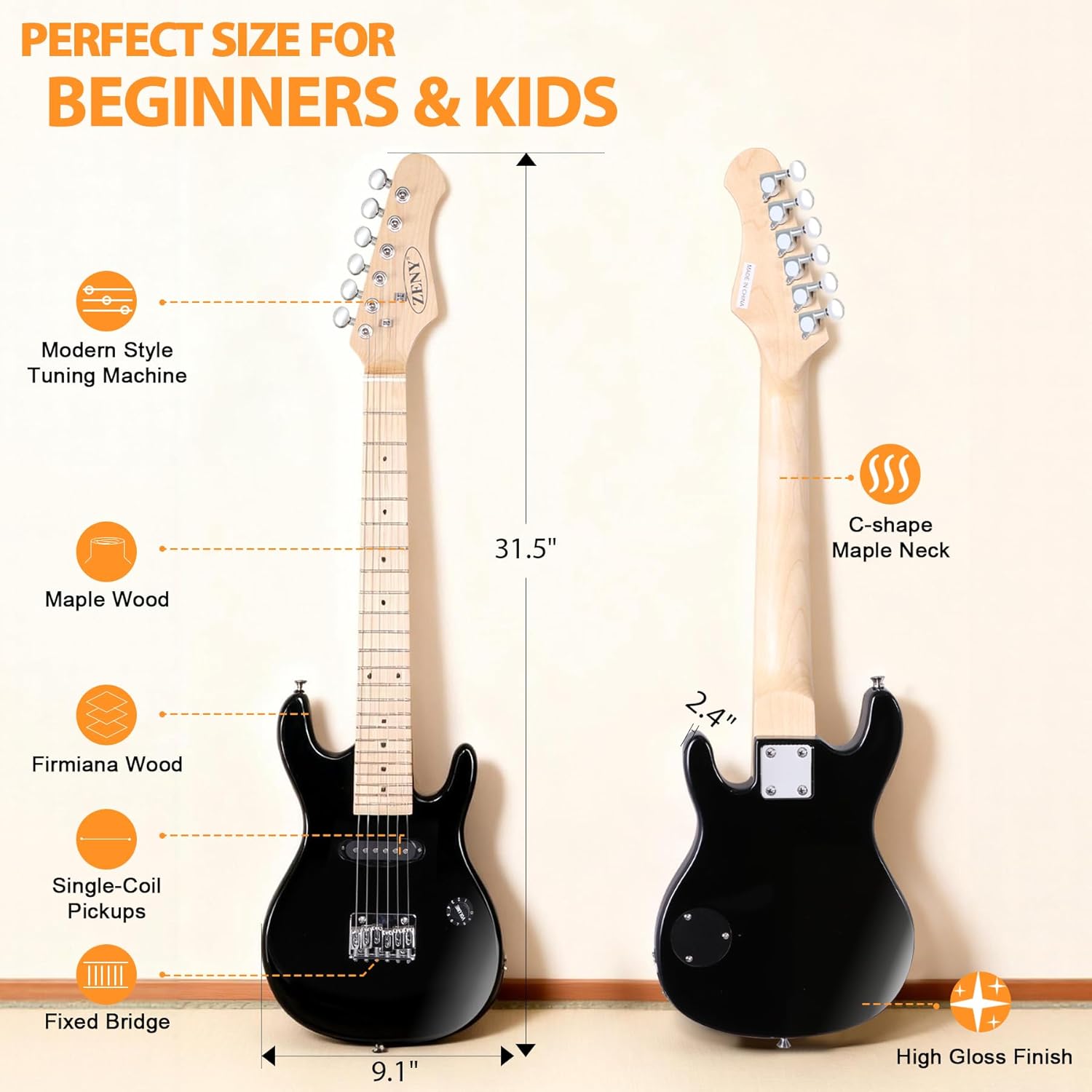 ZENY 30 inch Kids Electric Guitar with 5w Amp, Gig Bag, Strap, Cable, Strings and Picks Guitar Combo Accessory Kit (Black)