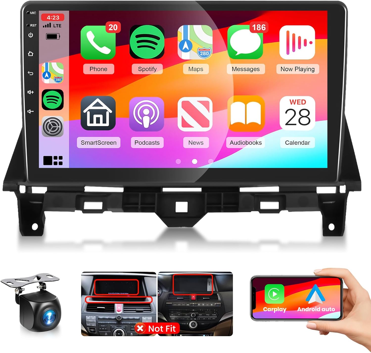 DSP Radio for Honda Accord 8th 2008-2012 Car Stereo with Wireless Carplay Android Auto,10.1 Inch 1080P Touch Screen EQ FM/RDS GPS Chip 26UIs 5.0Bluetooth WiFi AHD Backup Camera Mic 2G+32G