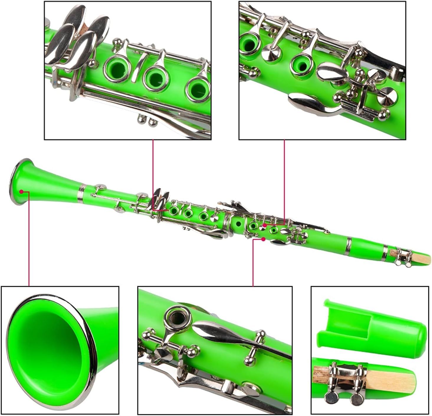 Standard Clarinet Green AbsClarinet Bb Cupronickel Plated Nickel 17 Key with Cleaning Cloth Gloves Woodwind Instrument Beginner Clarinet