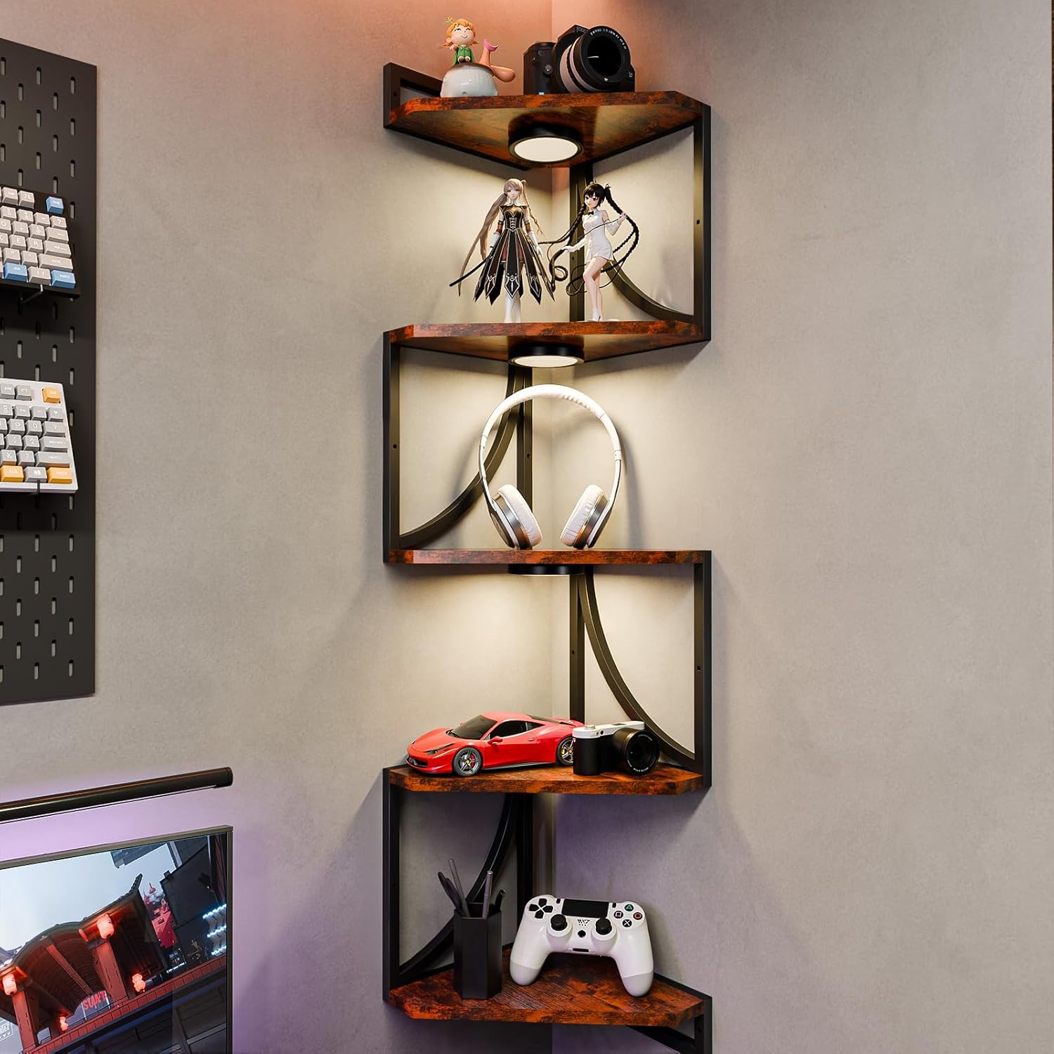 HAAYOT Corner Shelf Wall Mounted with Lights, 5-Tier Floating Metal Shelves for Living Room, Bedroom, Rustic Brown