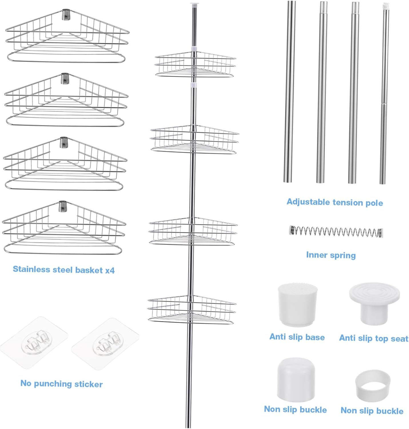 Cabilock 4tier Telescoping Corner Shower Rack Tension Pole Organizer for Bathroom No-Drill Easy Installation Rustproof with Quick Drying Baskets Storage