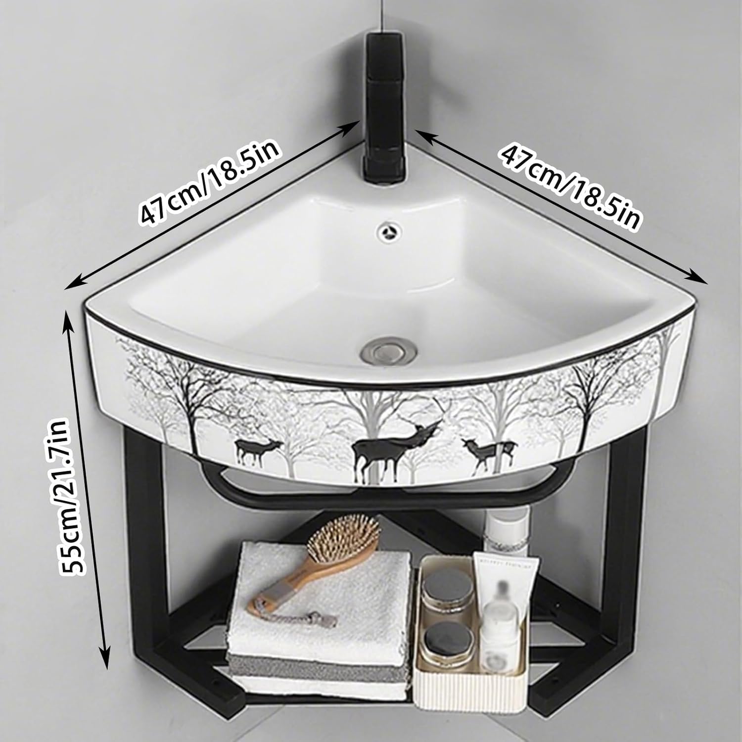 Wall Mount Corner Ceramic Sink Corner Bathroom Vanity Bathroom Sinks with Storage Container Modern Bathroom Storage Cabinet for Small Space Bathroom Cabinet with Faucet and Drain(B)