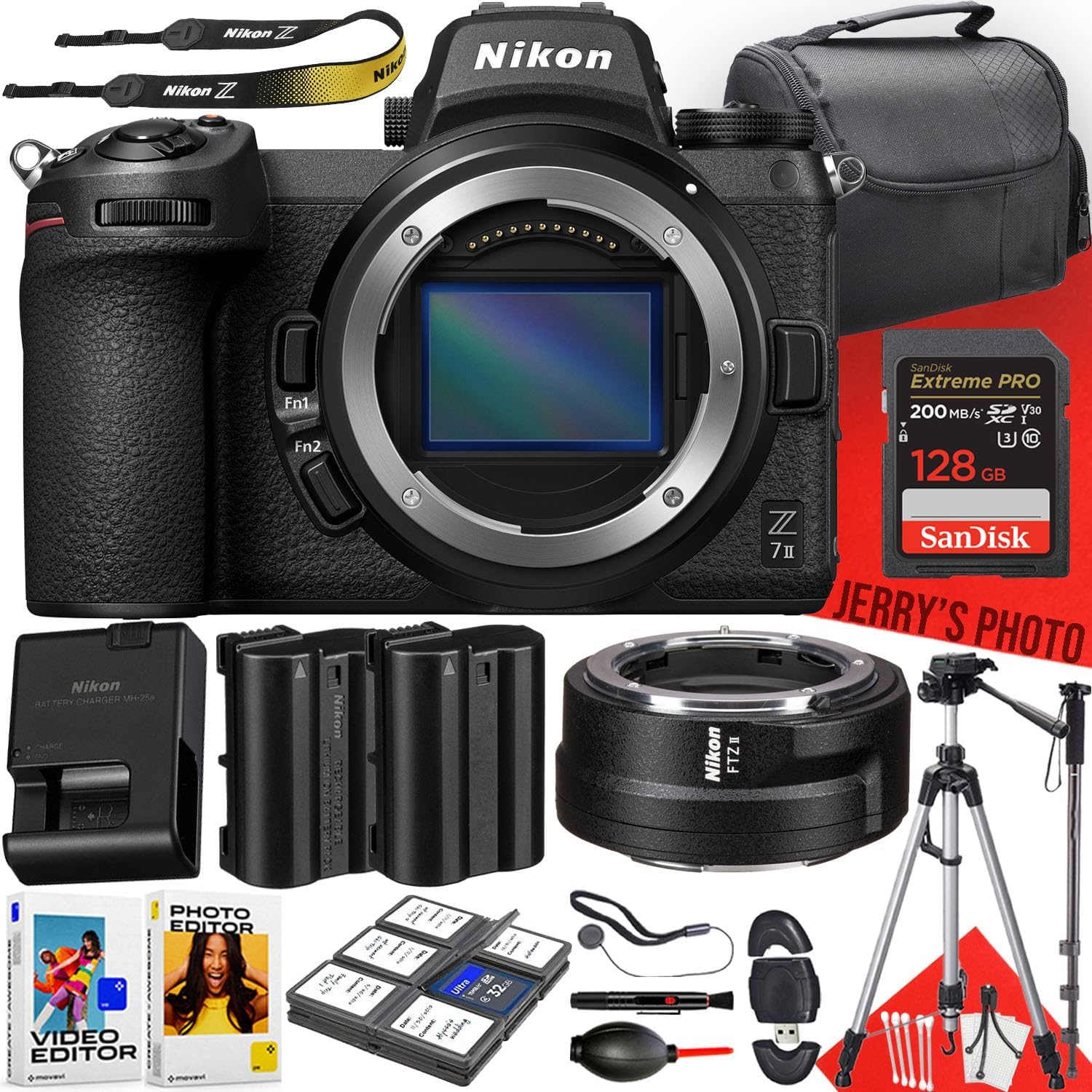 Nikon Z7 II Mirrorless Camera (Body Only) with Nikon FTZ II Mount Adapter + 128 GB Memory + Tripod + Monopod + Extra Battery + Deluxe Cleaning Kit + More (25pc Bundle) (Renewed)
