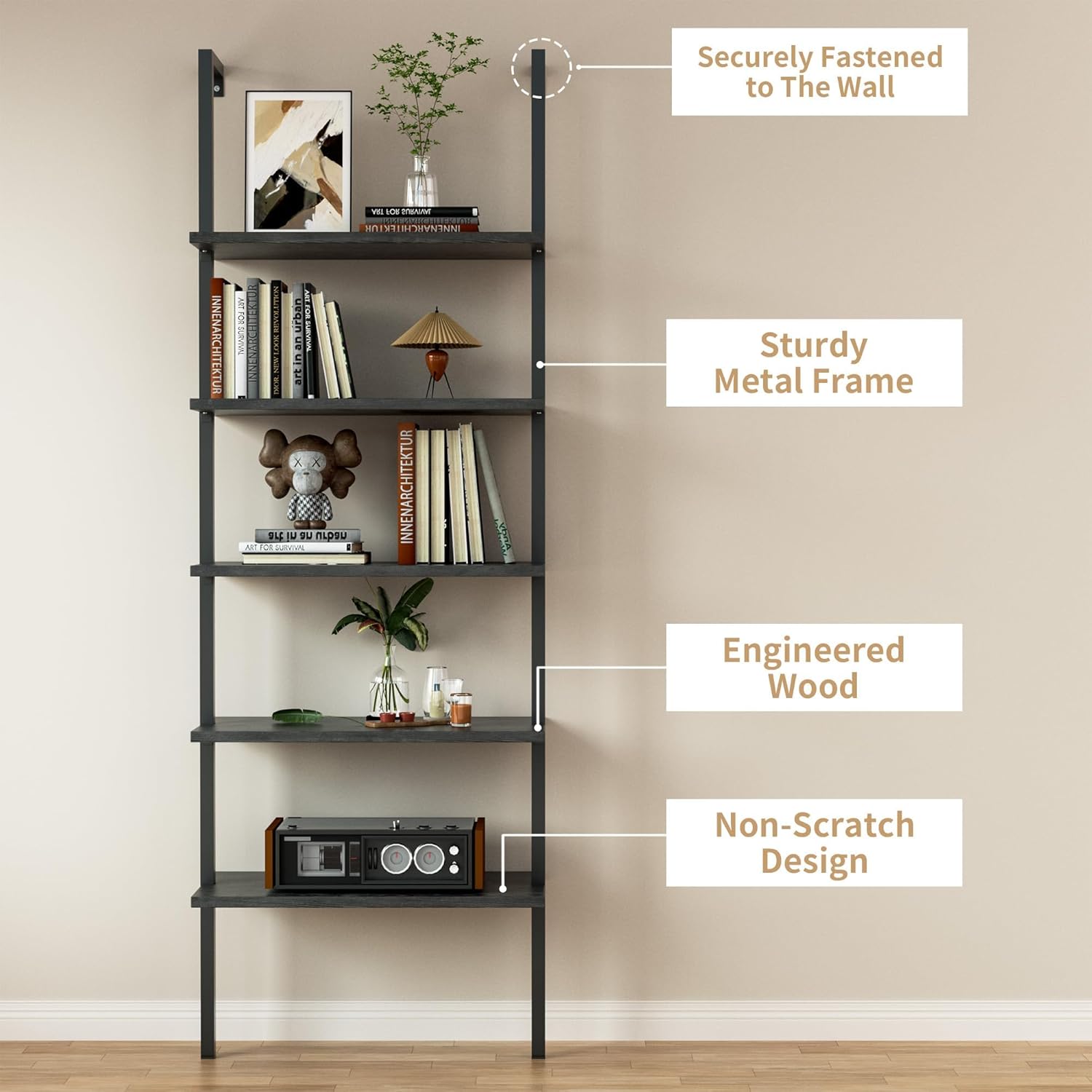 Flamaker 5-Tier Bookshelf Wall Mount Ladder Bookcase Industrial Standing Corner Bookshelf with Wood Board and Metal Frame, Modern Tall Narrow Storage Organizer for Home Office (Black, 2 Piece)