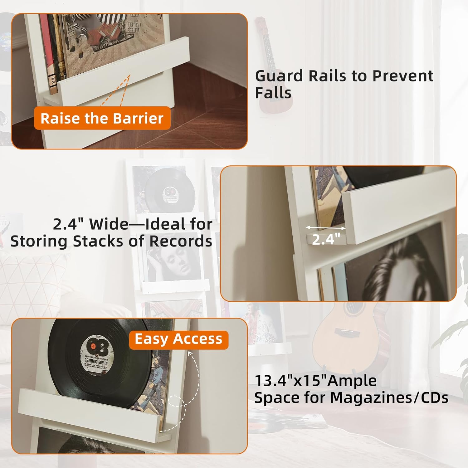LELELINKY Wall Mount Vinyl Record Holder Set of 2 with 3 Tier Display Area, 47.5'' Tall Record Storage Magazine Holder, Book Shelf Holder Holds Up to 15 Vinyls Albums/CD for, Living Room, Music Room