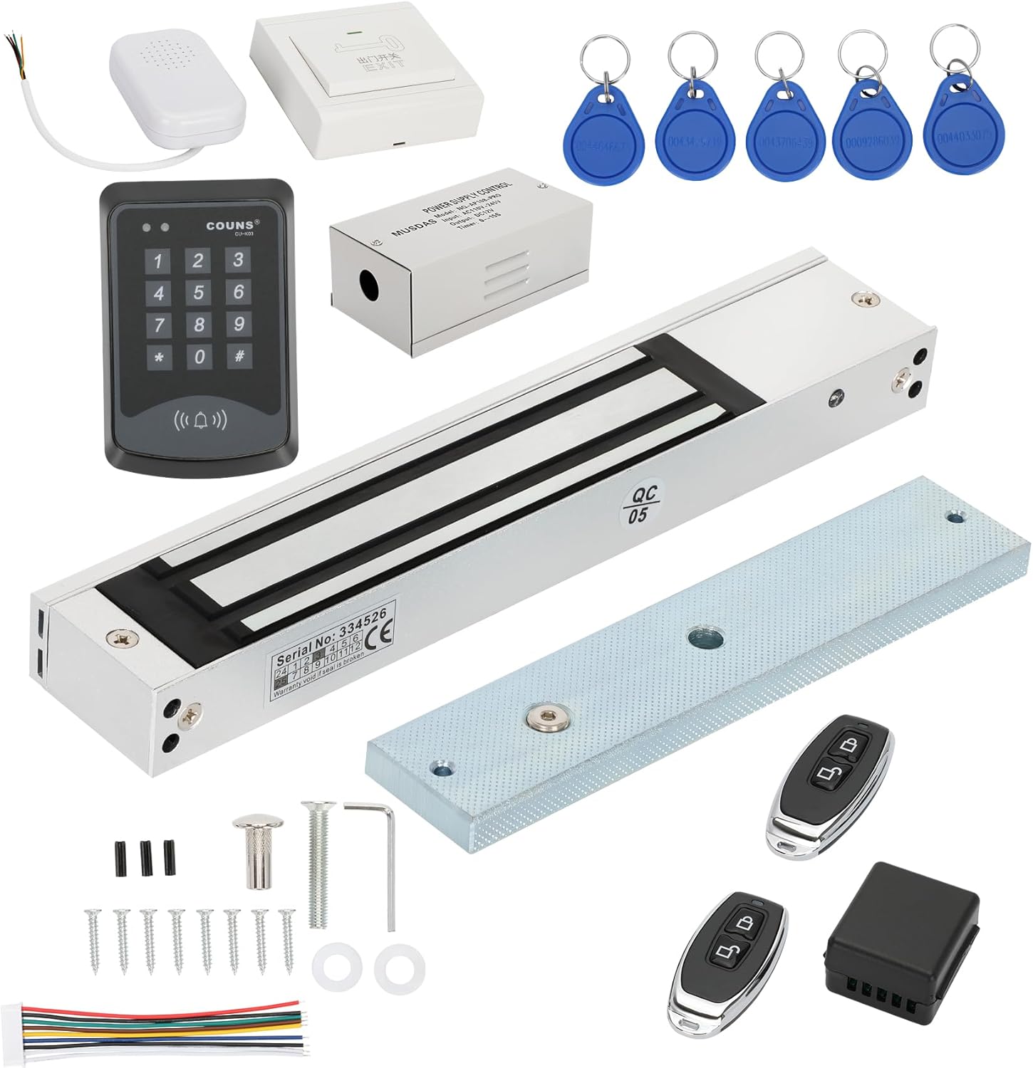 Access Control System RFID 600 lbs Electromagnetic Door Lock with Two Remotes Equipped with Five Access Keys Built-in Alarm Tone 110V Power Supply