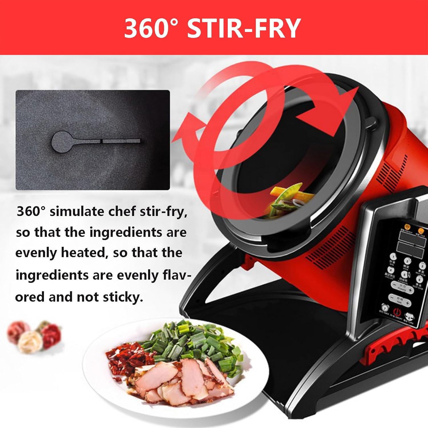 Automatic Food Processor 360° Rotatable Stir Fry Robot, Cooking Machine 2200W Food Steamer w/2 Grater, 7 Levels Fire Power Appointment, 150° Tilt Drum Design - Aluminum Alloy Frame