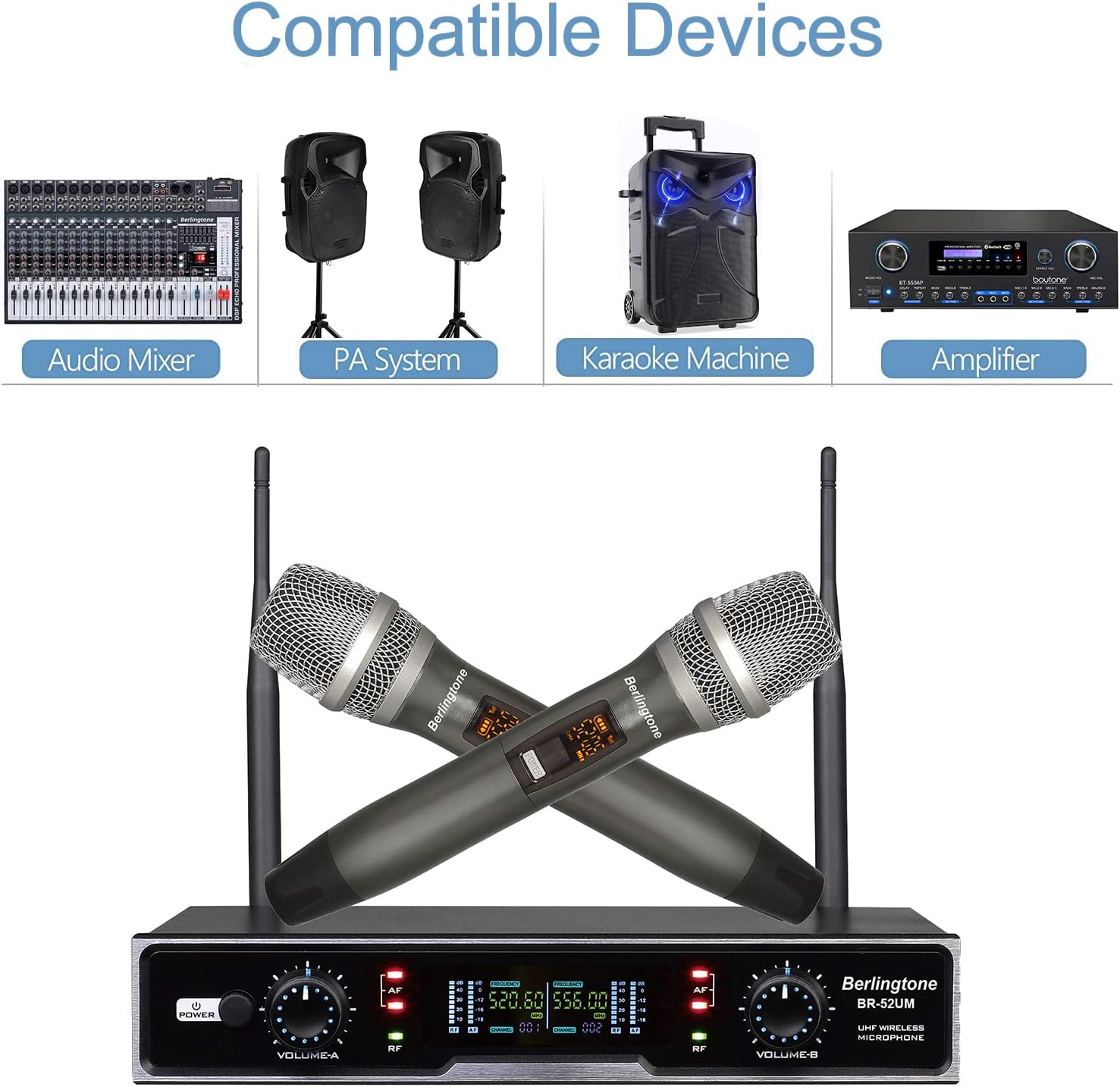 Professional Dual Dynamic Handheld UHF Wireless Microphone System, Metal Microphone and Base, for Singing, Karaoke, Church, Wedding, Meeting, up to 260ft Range (BR-52UM)