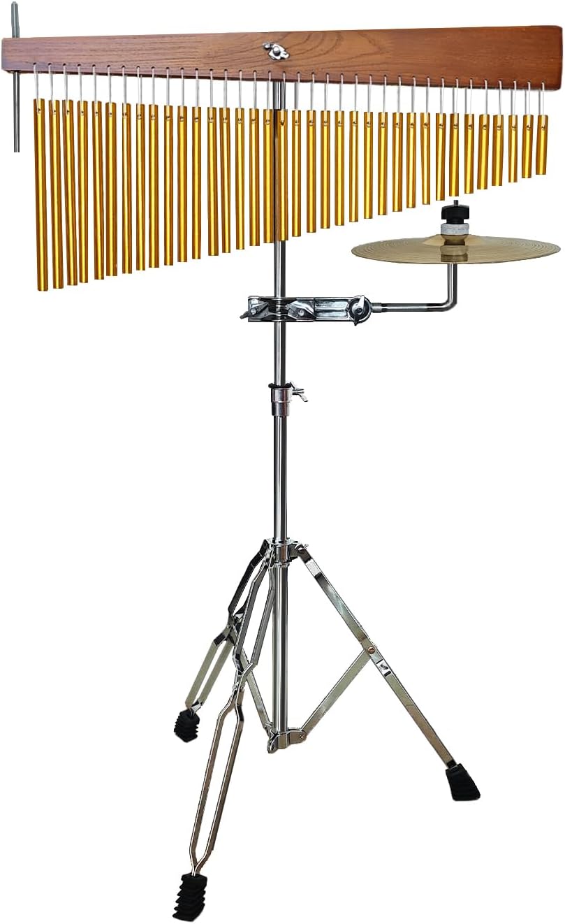 Adjustable Height Wind Chime Single-row Percussion Chime wtih Collapsible Tripod Stand Bar Chime for Class Yoga (36 Note Chime with Cymbals)