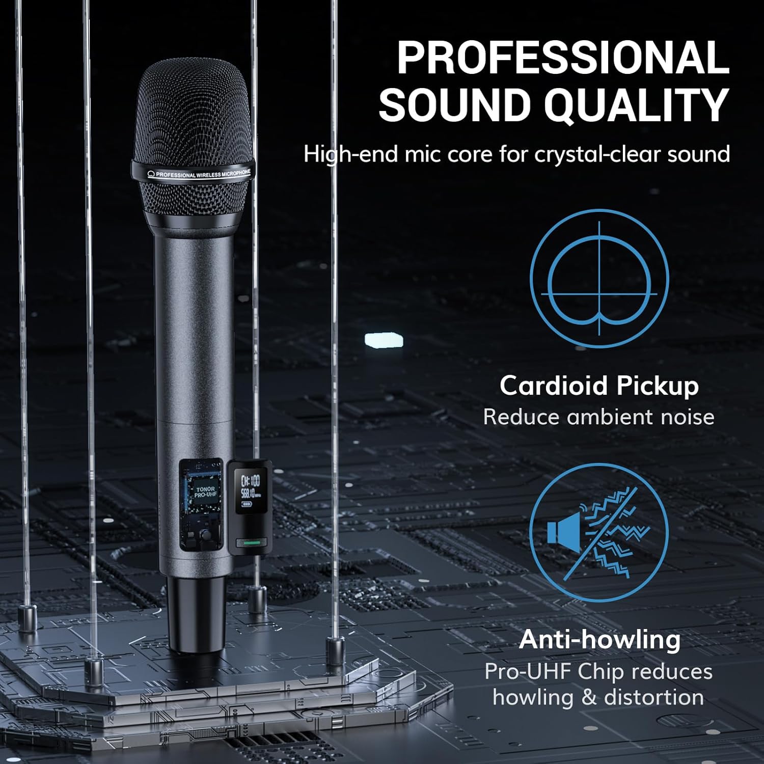 TONOR Rechargeable Wireless Microphone, Metal Dual UHF Handheld Microphone System, Cordless Mic with Bluetooth Receiver, UHF 262ft Range for Home Karaoke, Church, Party, DJ, Wedding TW790, Dark Grey