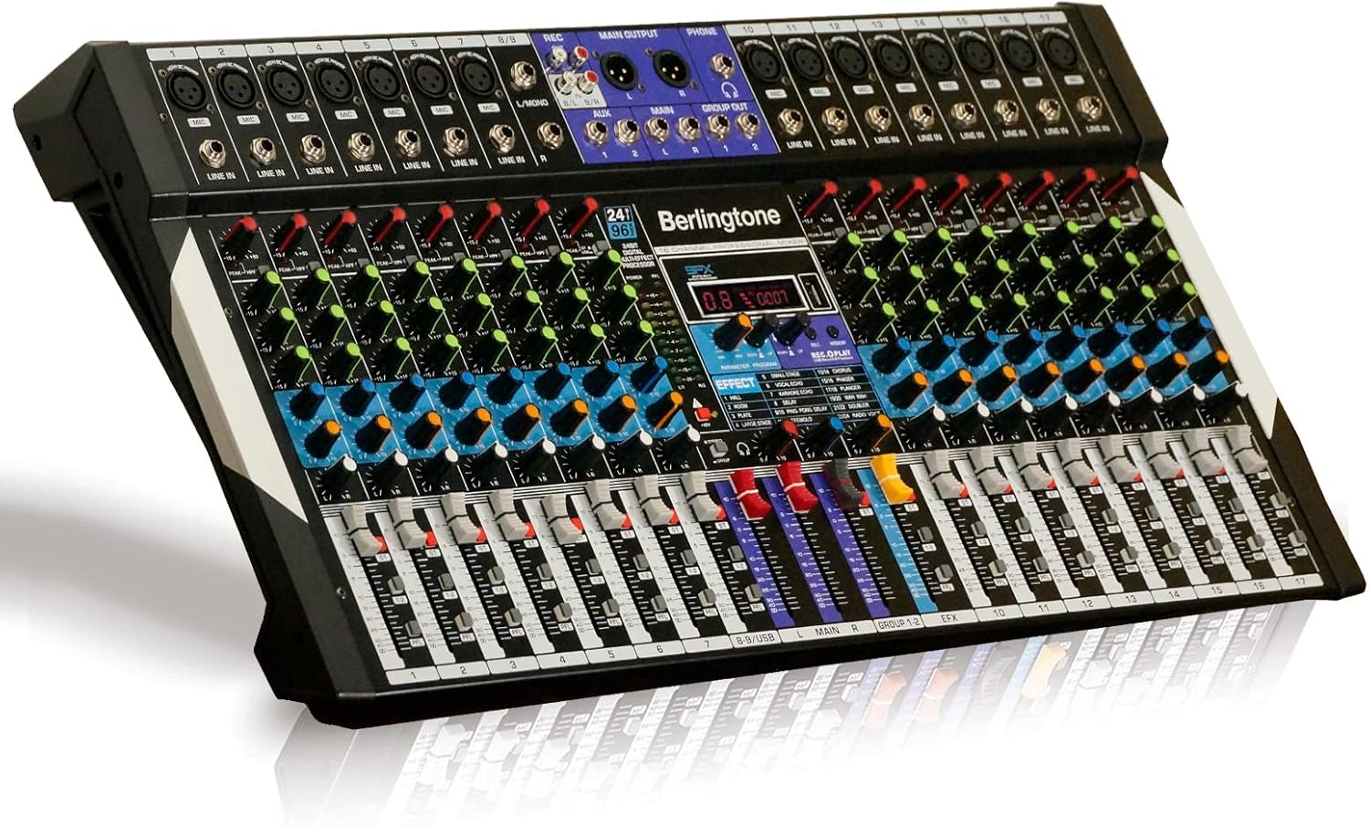 -Berlingtone,16 Channel Professional Bluetooth Studio Audio Mixer - DJ Sound Controller, USB MP3 Player, PC Recording,14 Microphone Jack, 48V Phantom Power, 24BIT Digital Effect, Unpowered (BR-16MX)