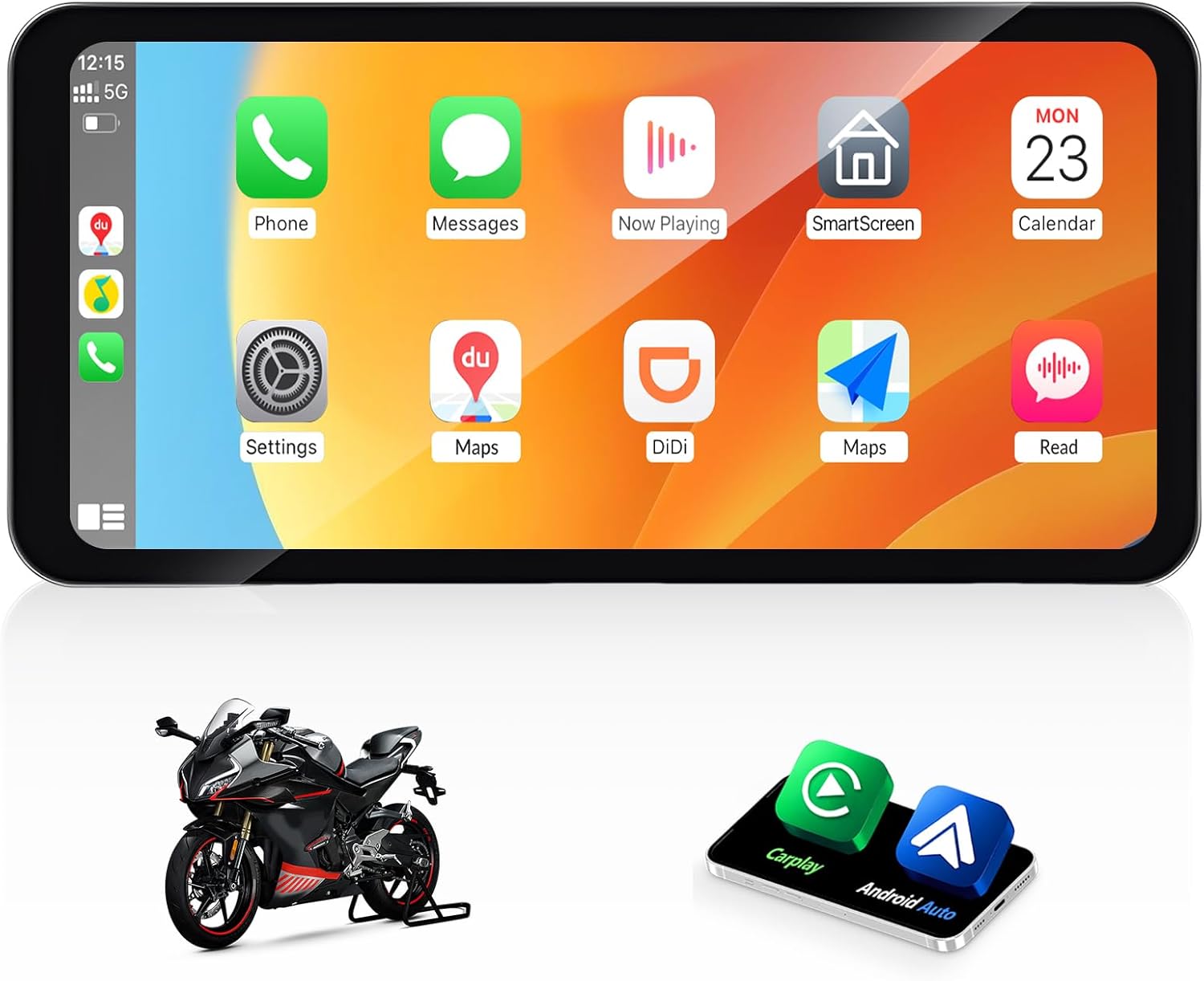 Portable CarPlay Screen for Motorcycle 6.3 Inch Waterproof Touchscreen Wireless CarPlay & Android Auto Motorcycle DVR Stereo Supports GPS Navigation Bluetooth Transmission