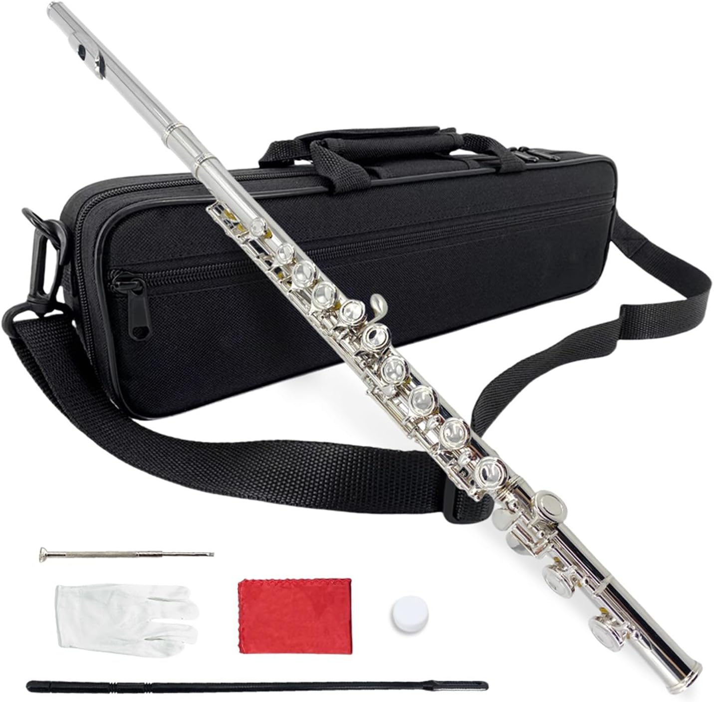 16 Key Closed Hole C Flute for Beginners, Students, Adults – Silver Plated Nickel Flute with Carrying Case, Cleaning Kit, Tuning Rod, Gloves – Lightweight, Durable & Easy to Play (Sliver)