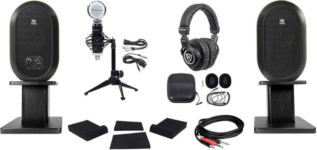 Audiosavings Bundle: (2) JBL 104SET-BT Studio Monitors,(1) PRO-M50 Studio Headphones,(1) RCM03 Condenser Microphone, (2) Bookshelf Speaker,(1) Mic Stand,(1) Isolation Pads,1/4