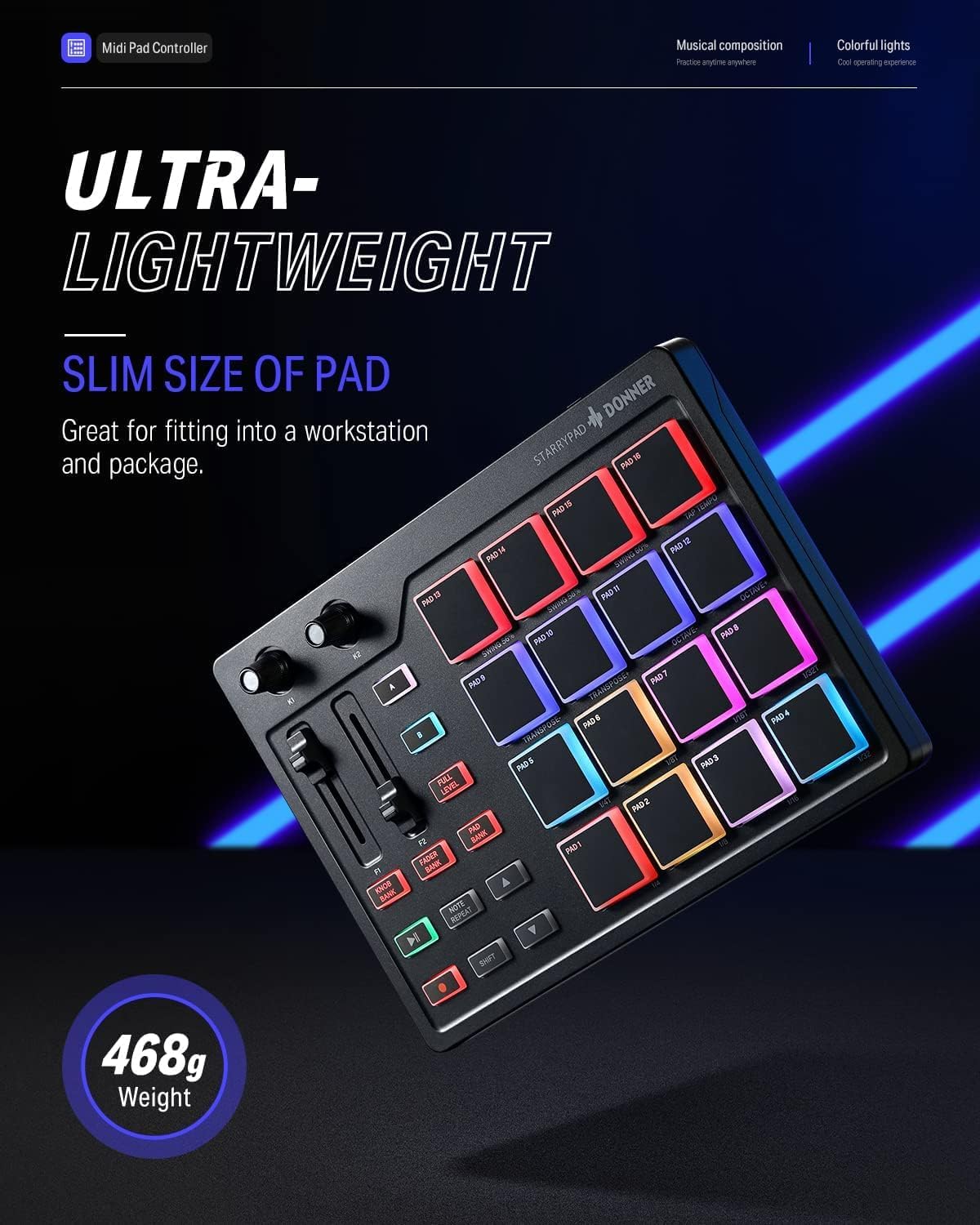 Donner STARRYPAD MIDI Controller, 16 Pads, USB Type-C, Music Production, Backlight, Japanese Instruction Manual (English Language Not Guaranteed)