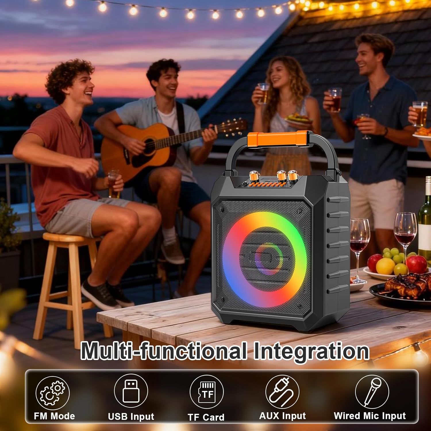 Portable Karaoke Machine with 2 Wireless Mics Bluetooth Karaoke Speaker with PA System for Adults,Parties,Home Use,Support BT/TF/USB/AUX/FM,Recording,LED Lights,Powerful Bass and Treble (K168N-Black)