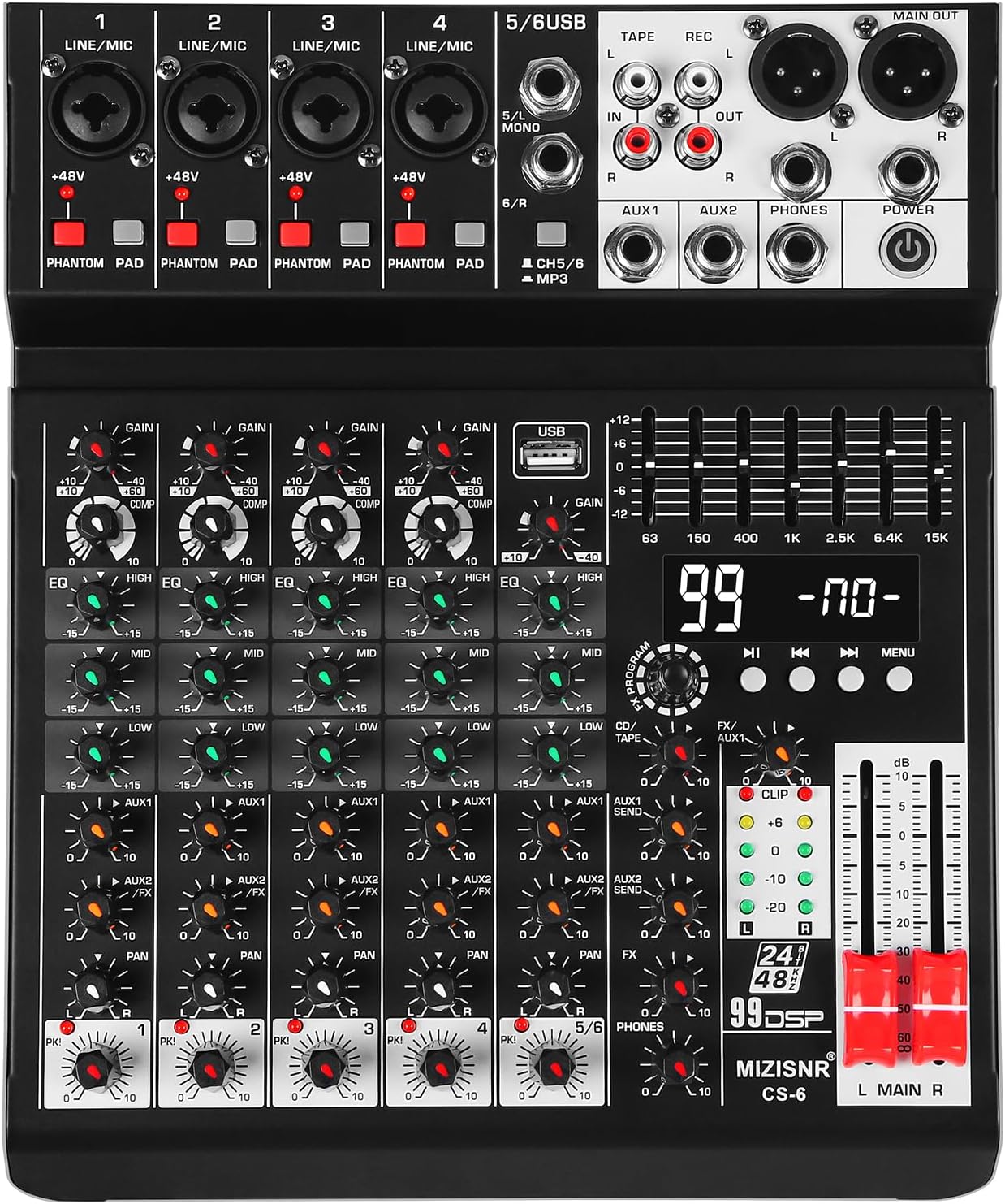 Audio Mixer 6 Channel Sound Mixer Console, Professional Music Mixing Board DJ Mixer w/ 99 DSP, 7-band EQ, USB, Bluetooth, 48V Phantom Power & PAD Function for Recording PA Live Live Streaming