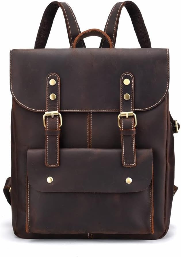 Retro Genuine Leather Backpack for Men College Travel Mountaineering Hiking Backpack with Gift Box (Coffee)