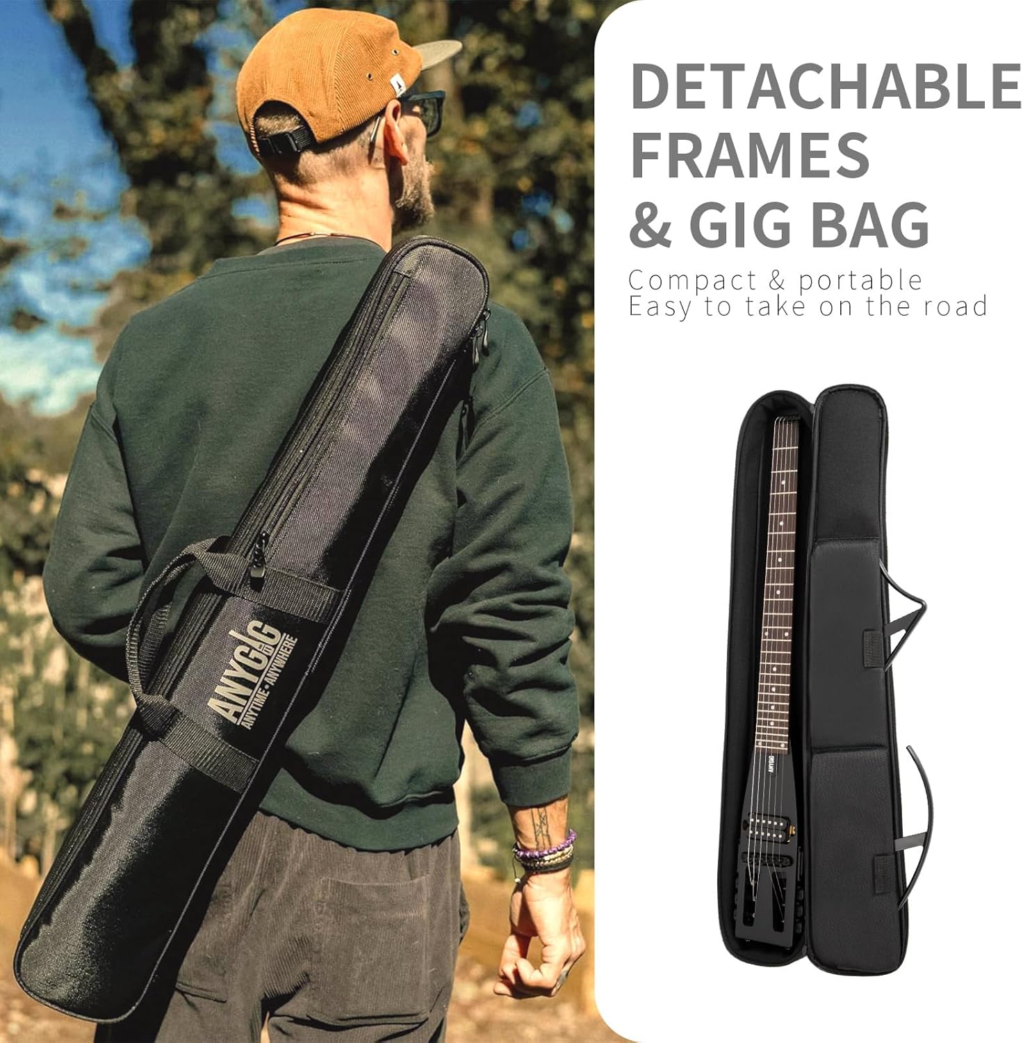 Travel Electric Guitar Headless – Portable Ultra-Light and Quiet, Full-Scale 25.5” Rosewood Fingerboard, Glow Humbucker, Gig Bag, Removable Stands for Left and Right Black