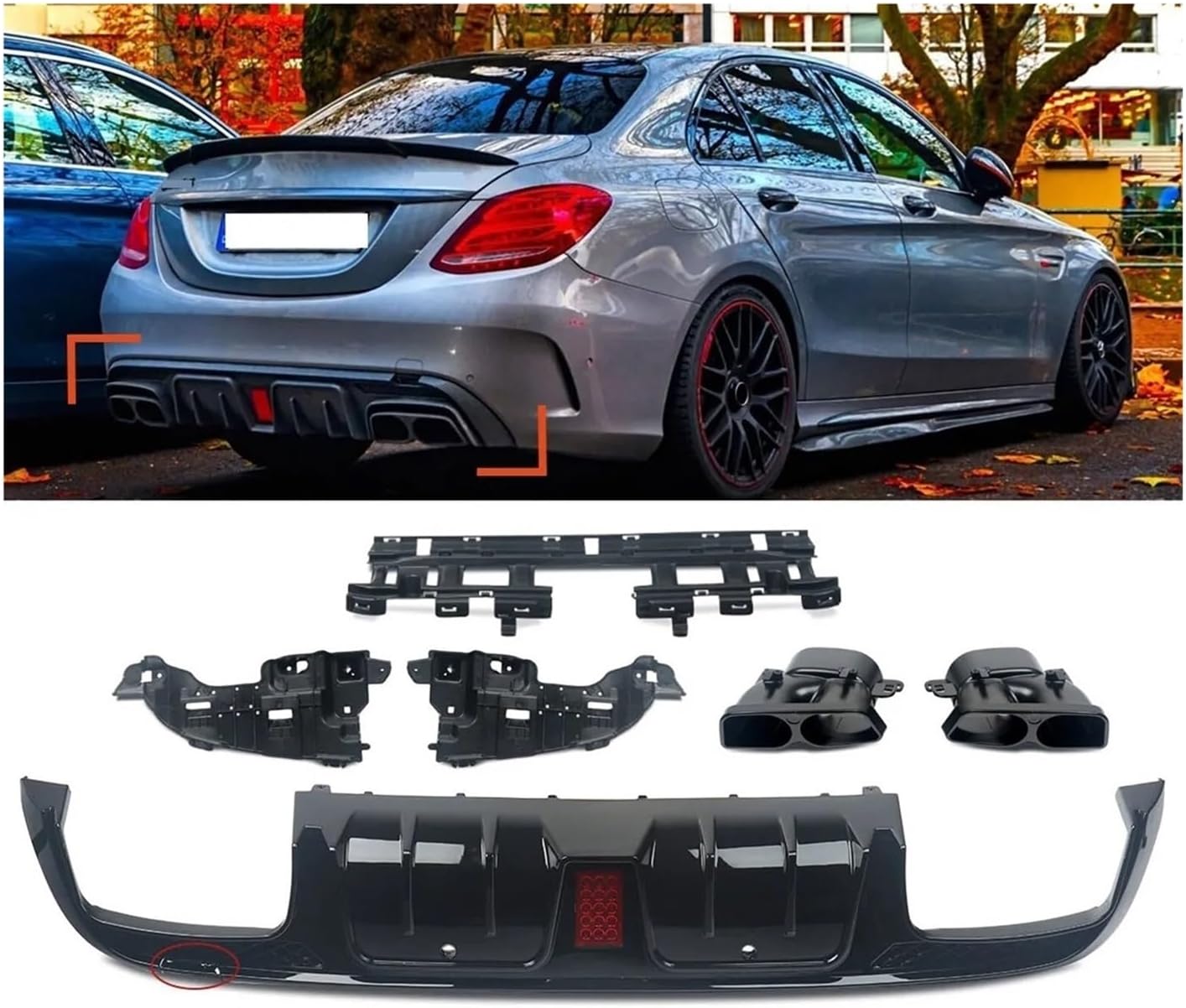 Car Rear Bumper Diffuser with Exhaust Tips Compatible for Mercedes Benz C-Class W205 C200 C300 C400 C43 C63 AMG-Line Exterior Car Accessories