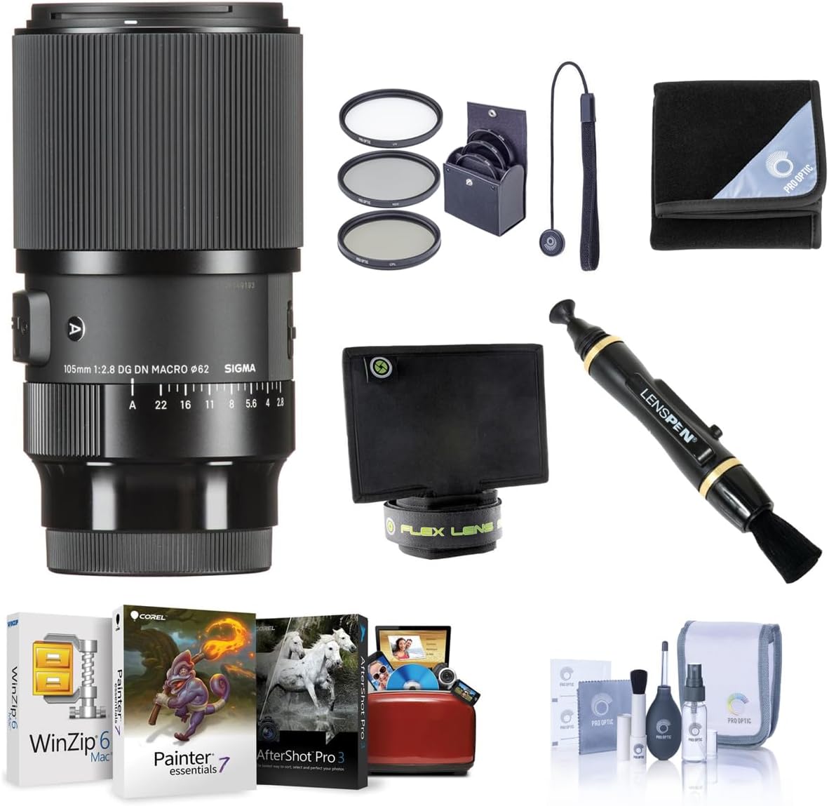 Sigma 105mm f/2.8 DG DN Art Macro Lens for Sony E, Bundle with Mac Software Kit, 62mm Filter Kit, Lens Wrap, Lens Shade, Cleaner, Cleaning Kit, Lens Cap Tether