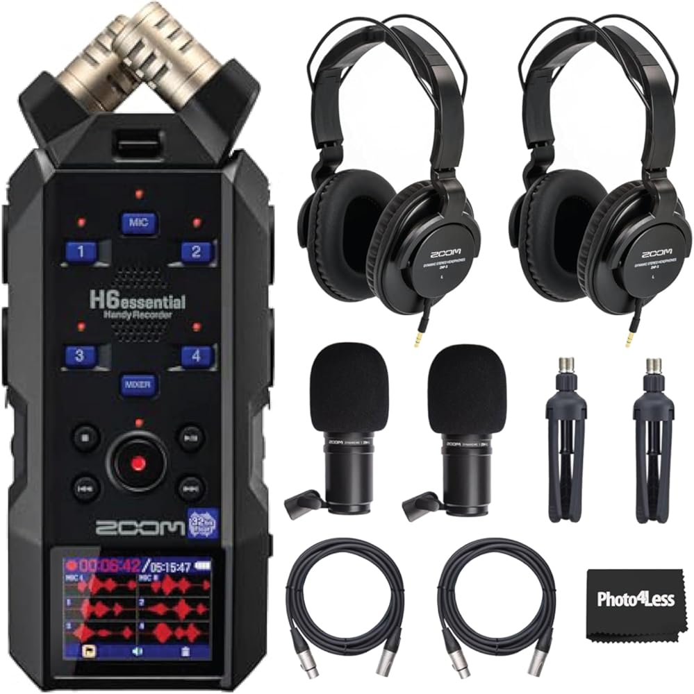 Zoom H6essential 6-Track 32-Bit Float Portable Audio Recorder Bundle With 2x Zoom ZDM-1 Podcast Mic Pack with Headphones, Windscreen, XLR Cable and Tabletop Stand